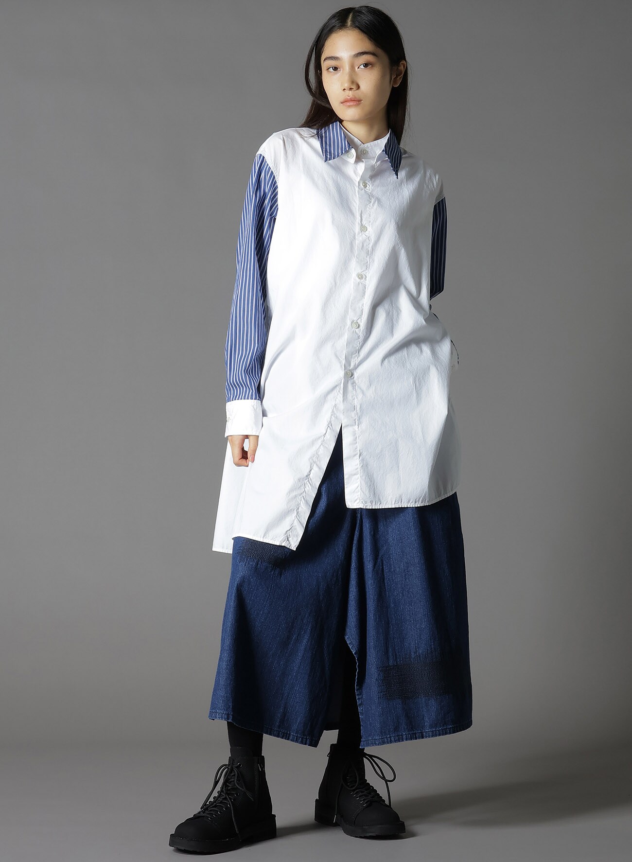 COTTON BROAD +  STRIPE  SWITCHING NON FUSIBLE SHIRTS