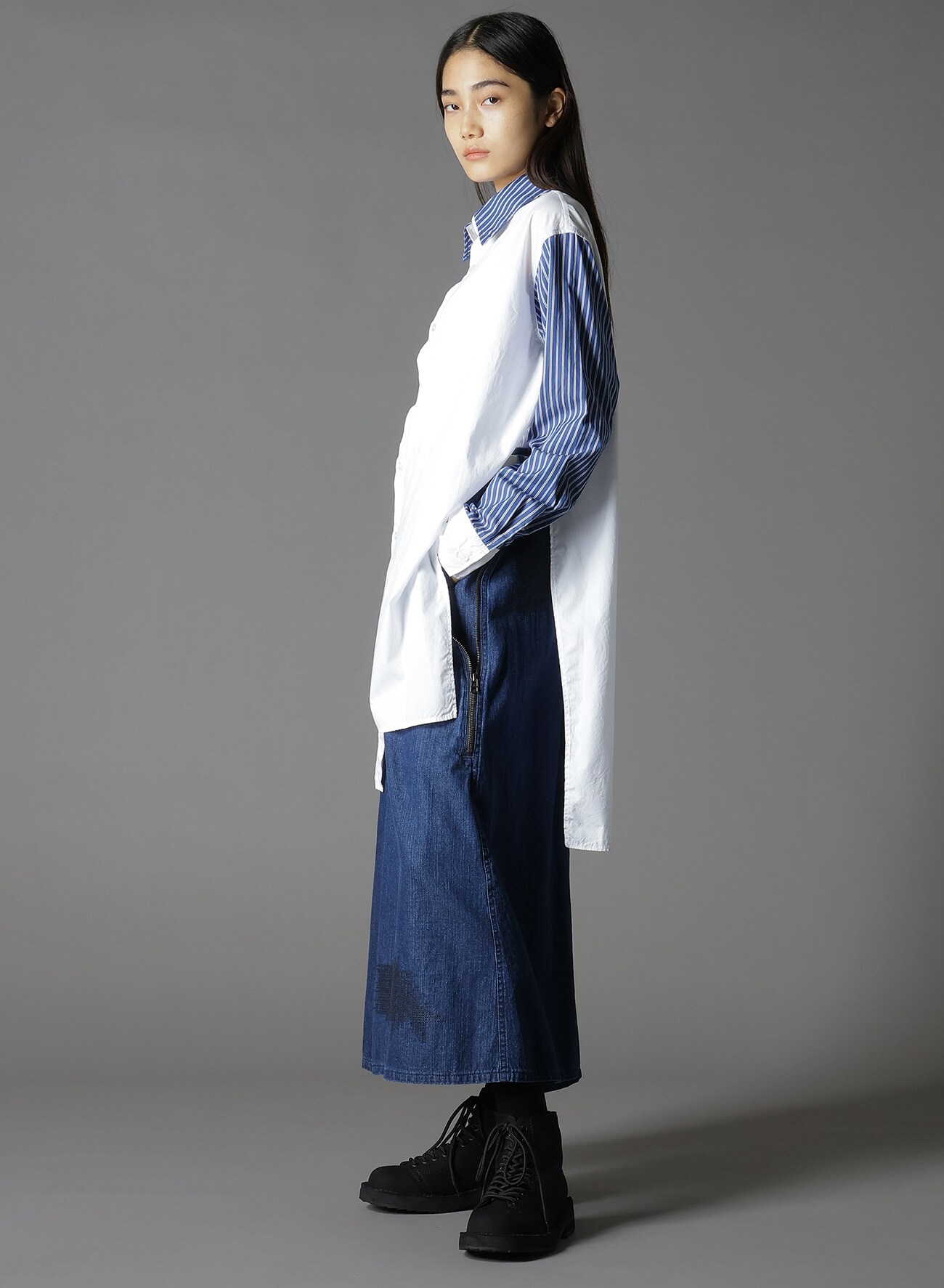 COTTON BROAD +  STRIPE  SWITCHING NON FUSIBLE SHIRTS