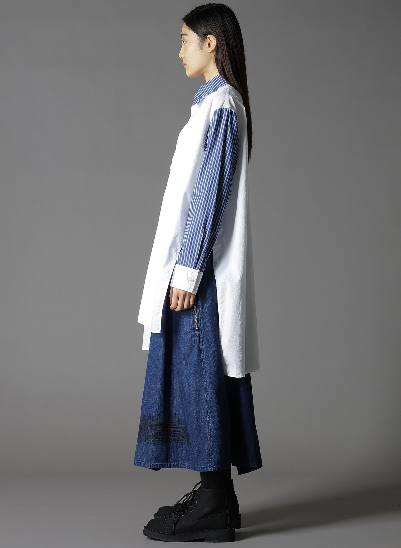 COTTON BROAD +  STRIPE  SWITCHING NON FUSIBLE SHIRTS