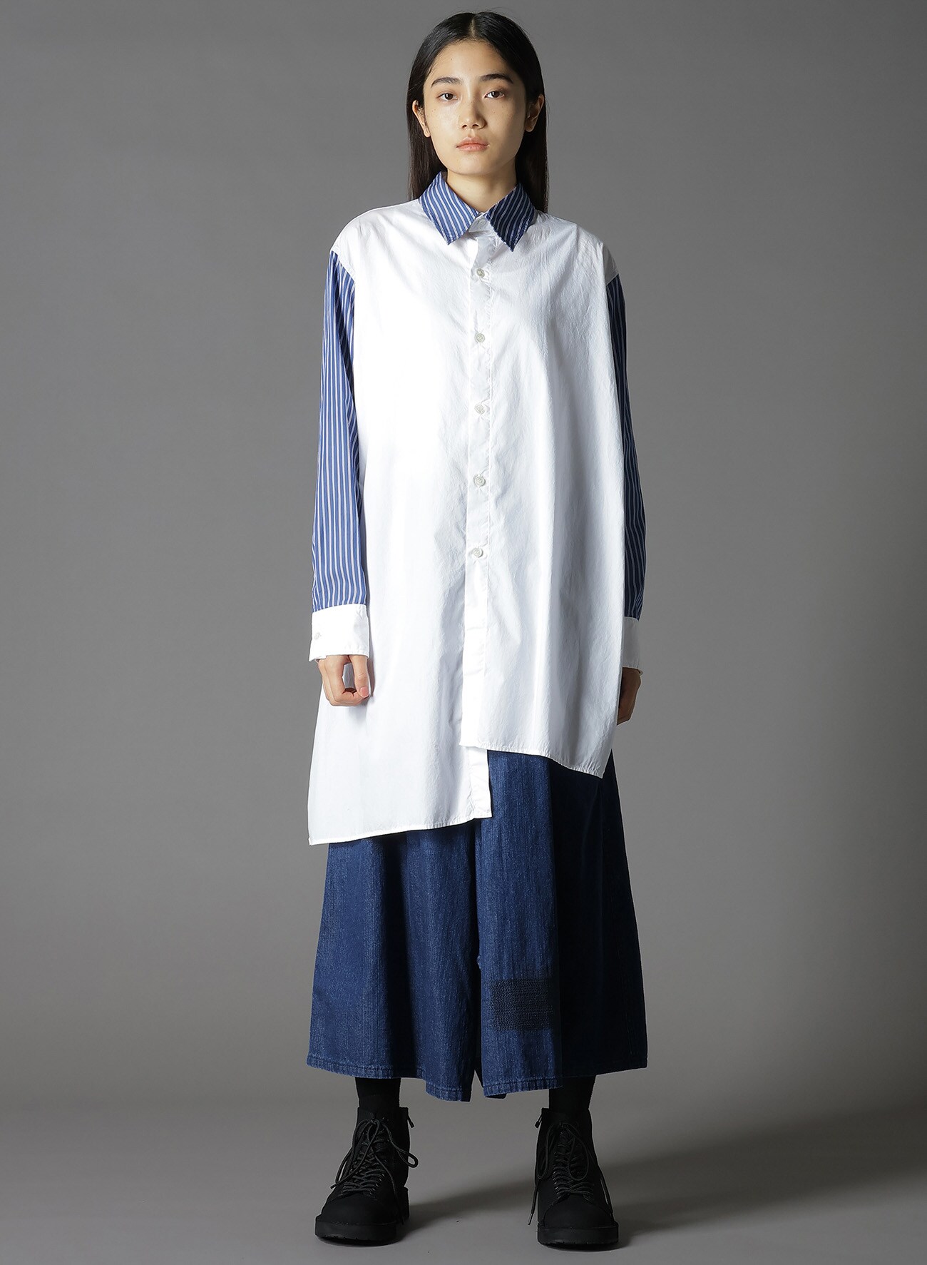 COTTON BROAD +  STRIPE  SWITCHING NON FUSIBLE SHIRTS