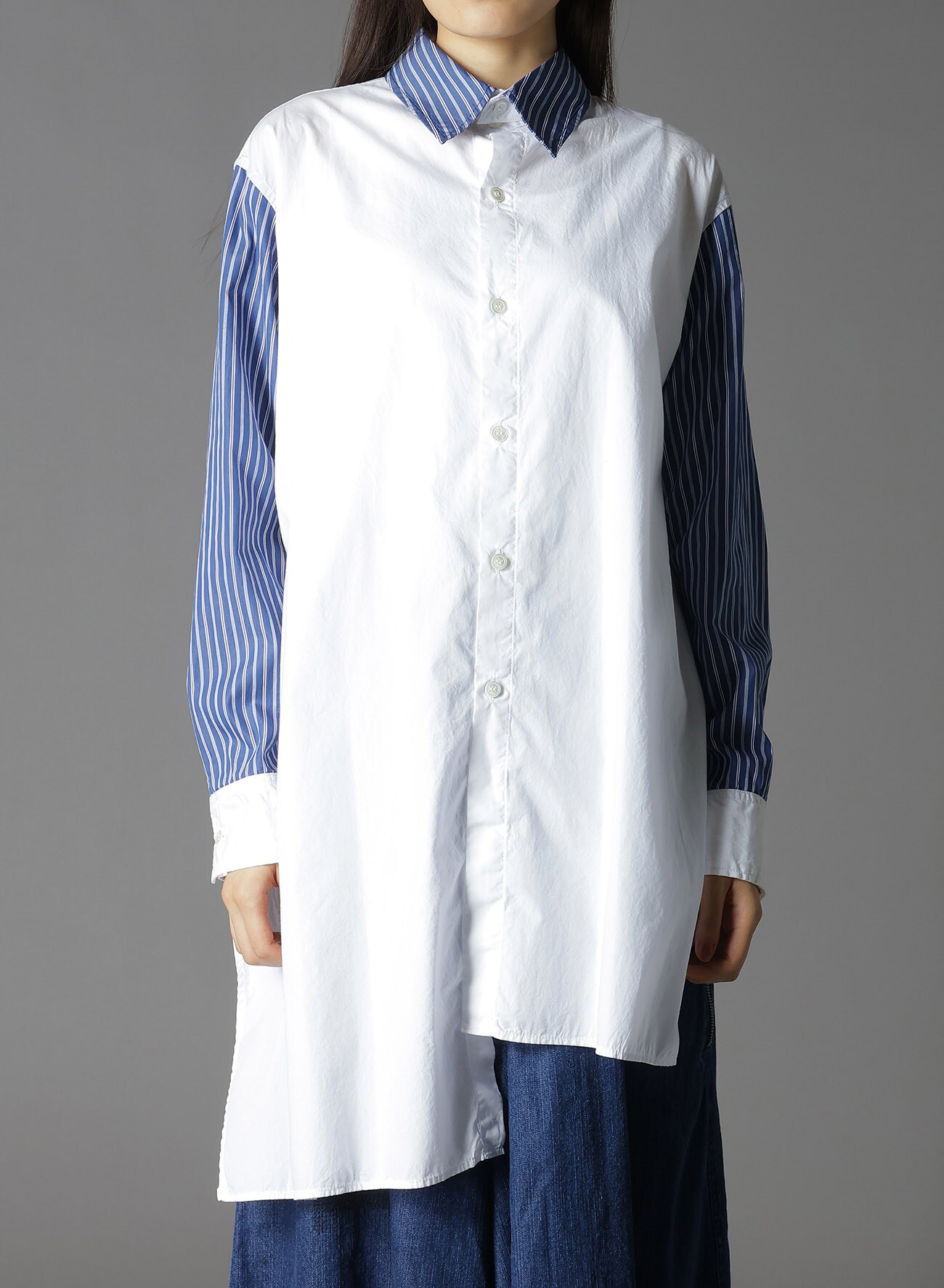 COTTON BROAD +  STRIPE  SWITCHING NON FUSIBLE SHIRTS
