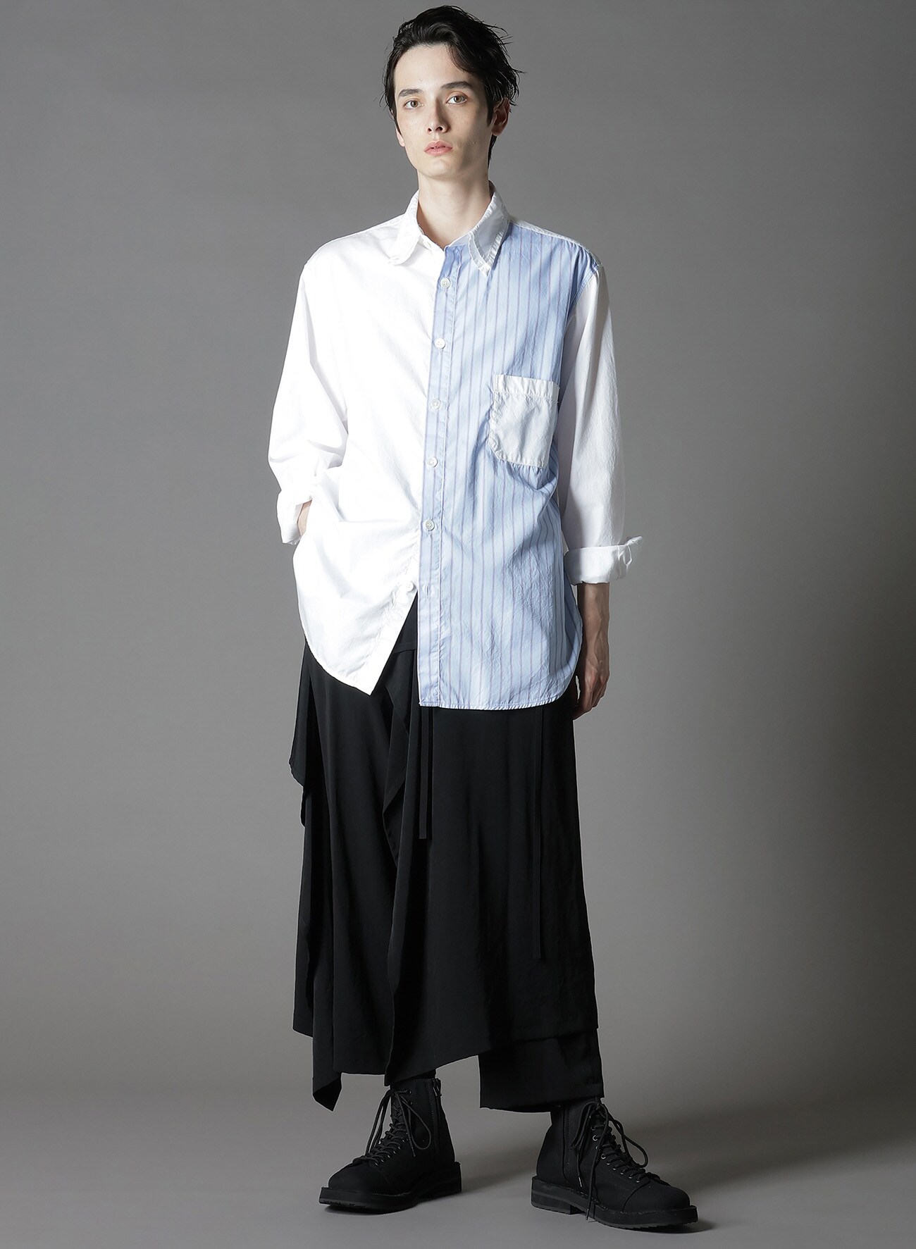 COTTON BROAD +  STRIPE  SWITCHING LONG SLEEVE SHIRTS