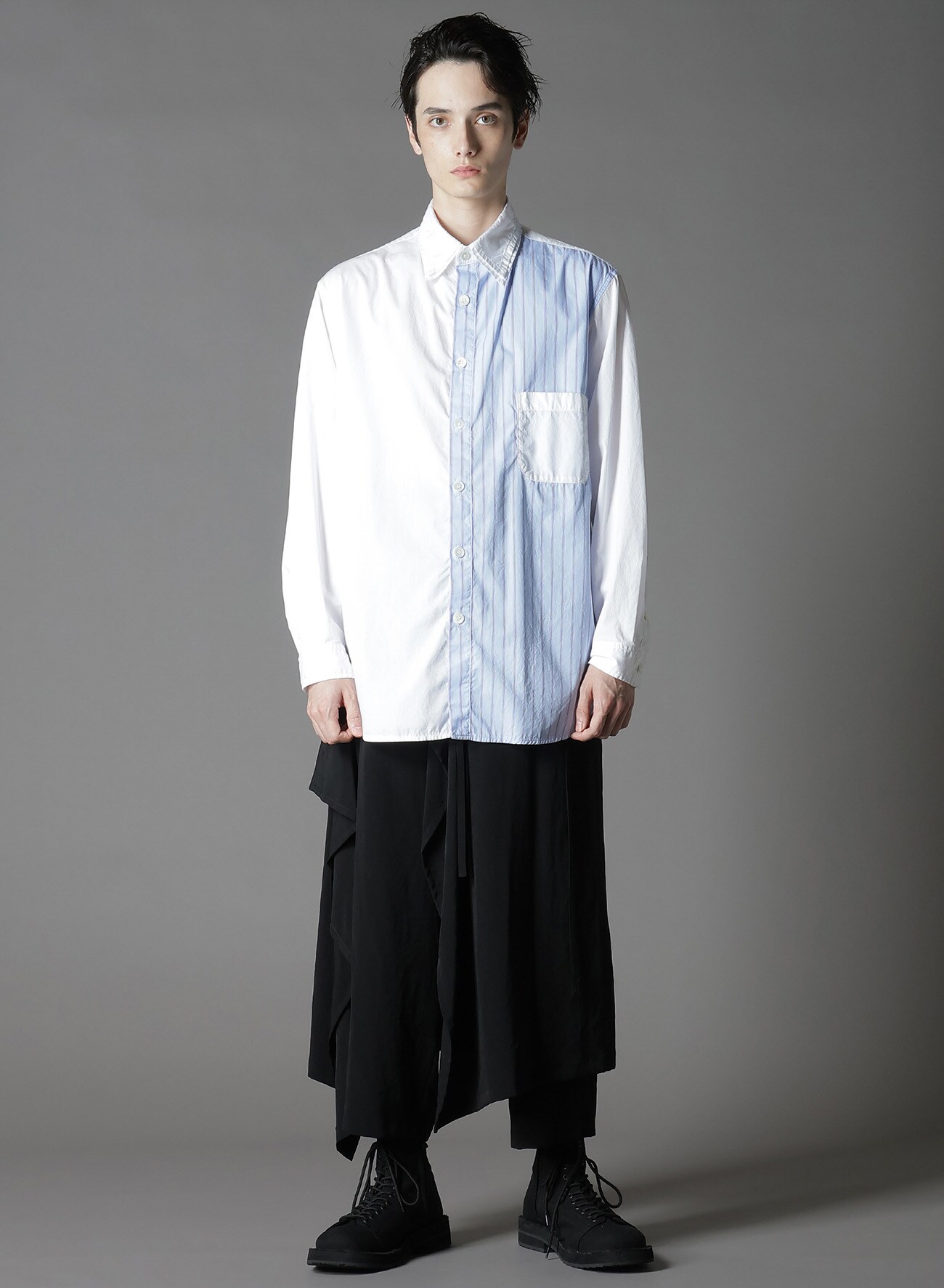 COTTON BROAD +  STRIPE  SWITCHING LONG SLEEVE SHIRTS