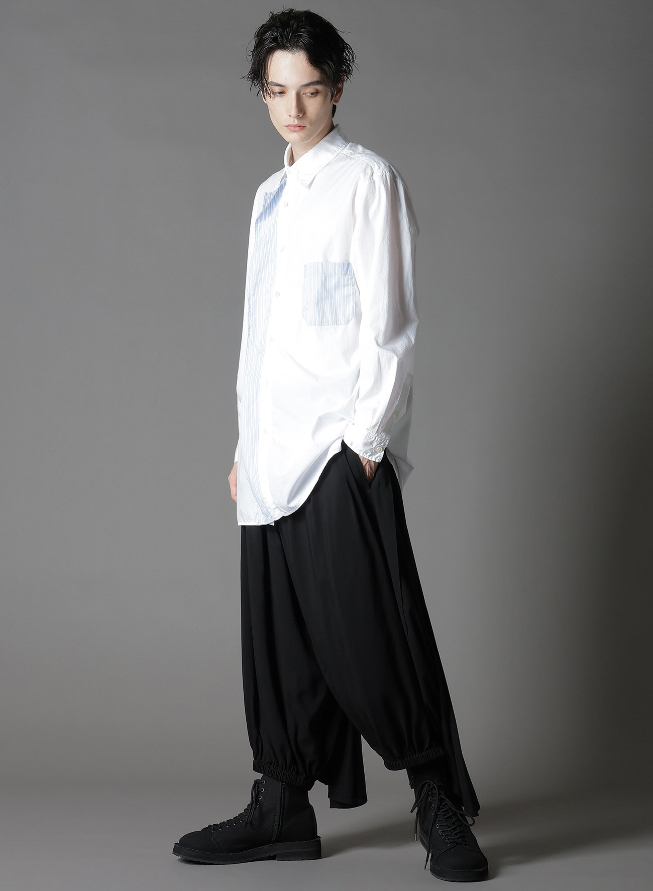 COTTON BROAD +  STRIPE  SWITCHING RUFFLE SHIRTS