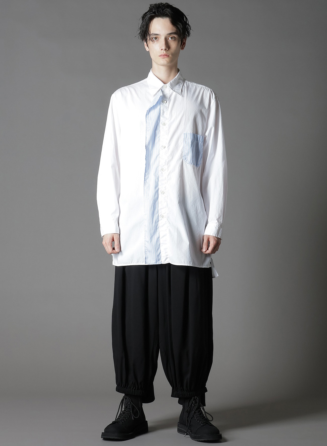 COTTON BROAD +  STRIPE  SWITCHING RUFFLE SHIRTS