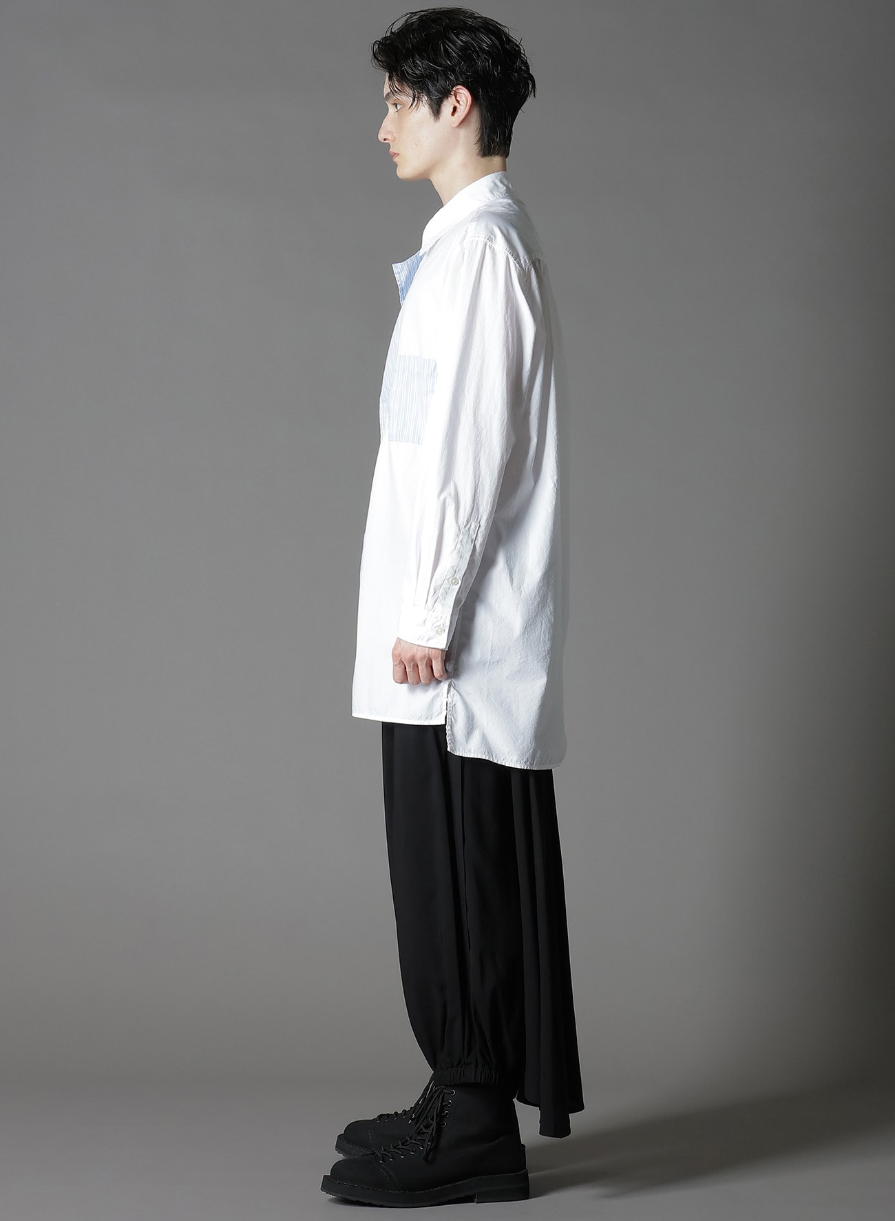 COTTON BROAD +  STRIPE  SWITCHING RUFFLE SHIRTS