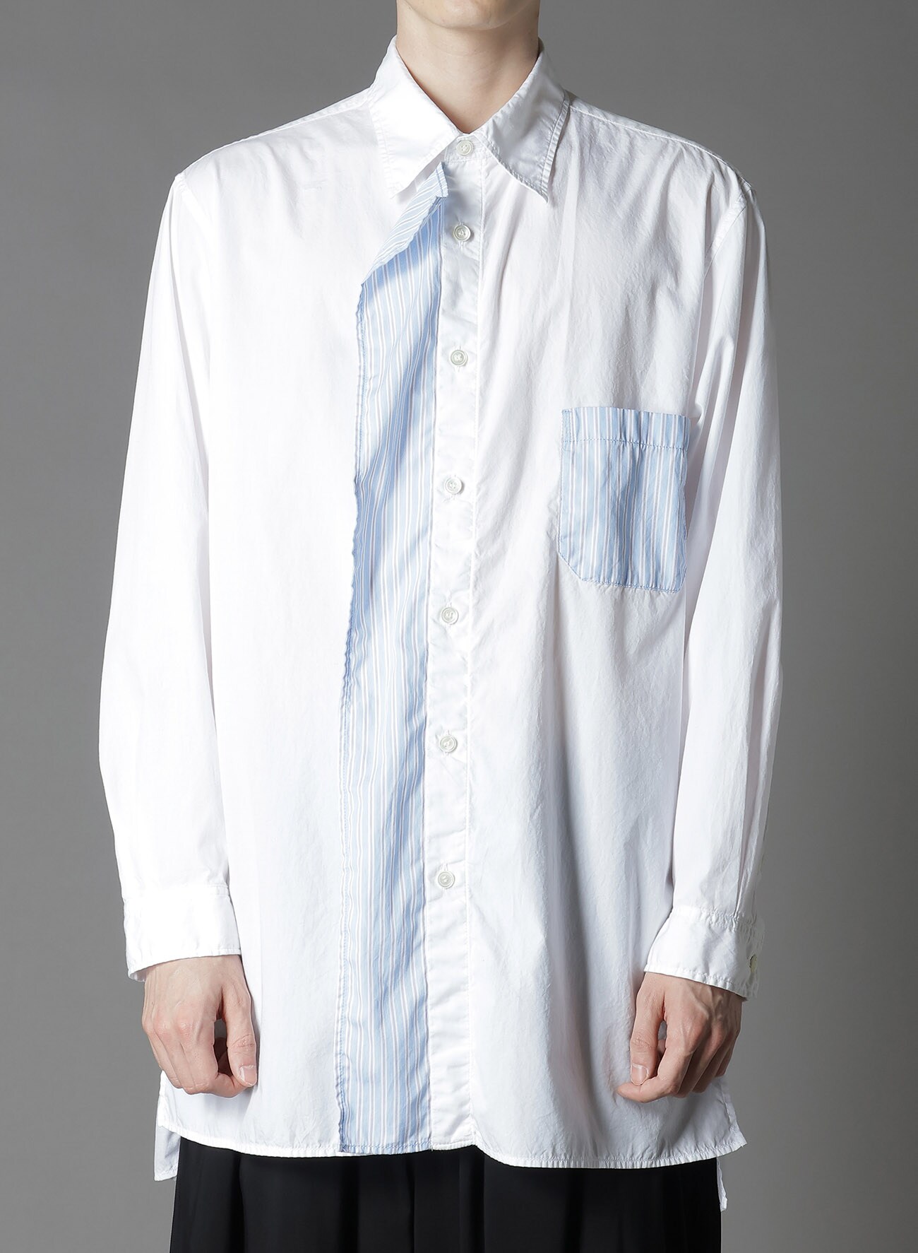COTTON BROAD +  STRIPE  SWITCHING RUFFLE SHIRTS