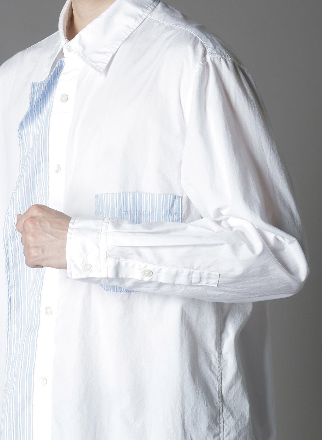 COTTON BROAD +  STRIPE  SWITCHING RUFFLE SHIRTS