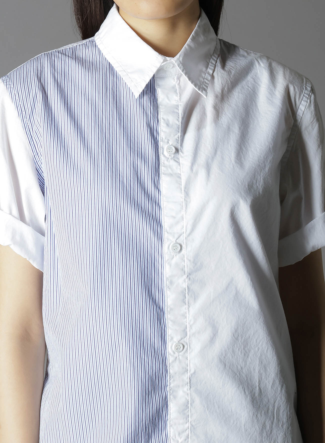 COTTON BROAD +  STRIPE  SWITCHING SHORT SLEEVE SHIRTS