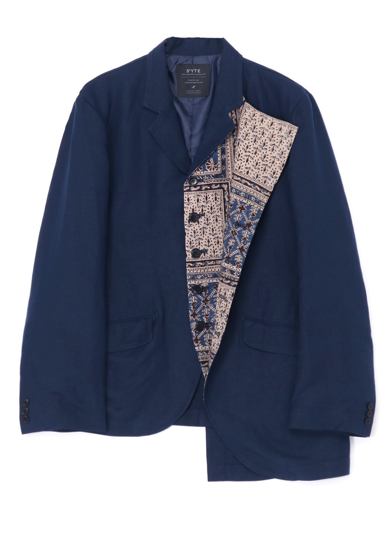 LINEN/RAYON EASY CLOTH+INDIAN BLOCK SQUARE PRINT JACKET DOUBLE-TAILORED LEFT FRONT
