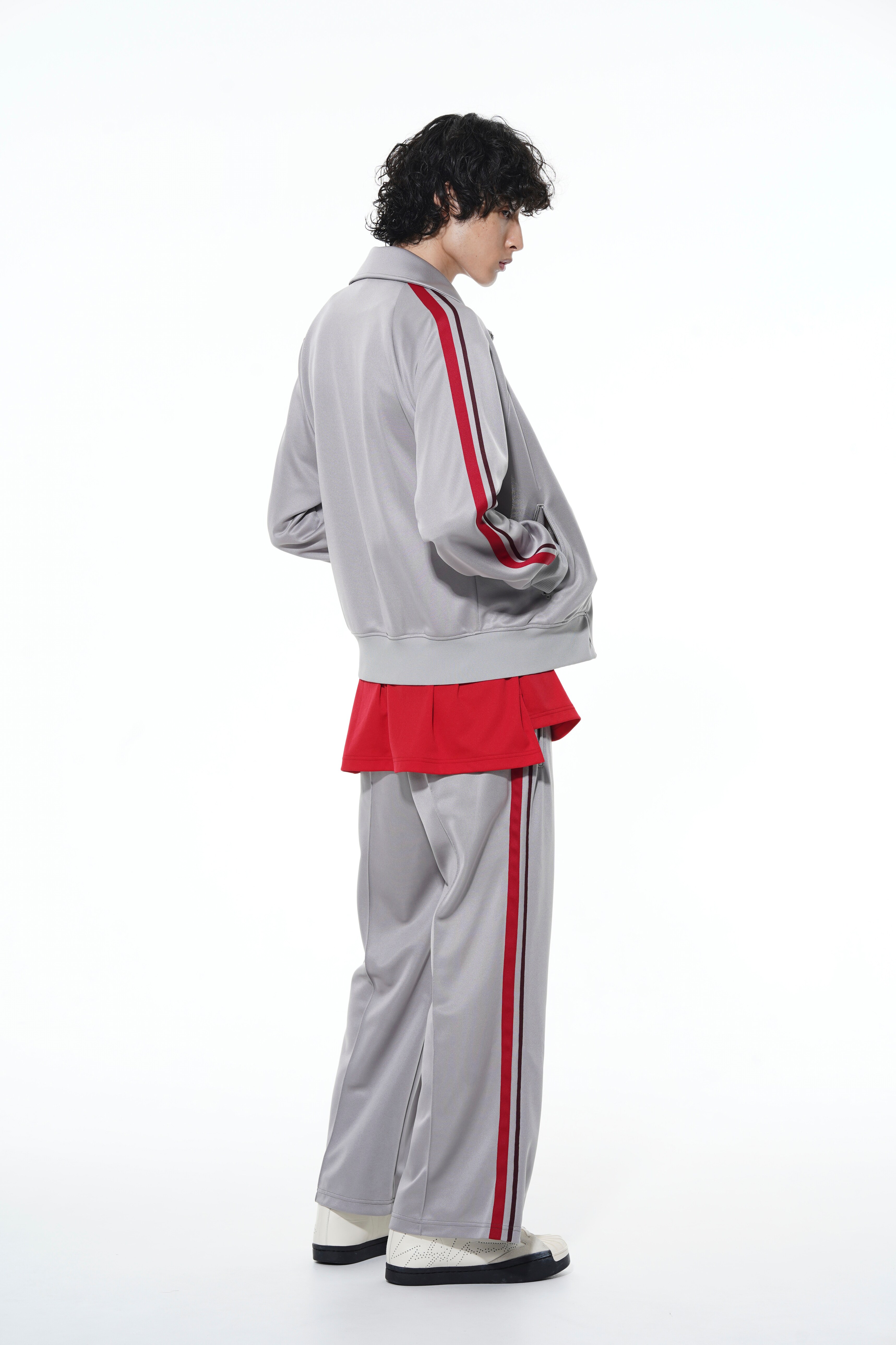 PE/SMOOTH JERSEY GEOMETRIC PATTERN EMBROIDERY SIDE TAPE LINE FLARE PANTS