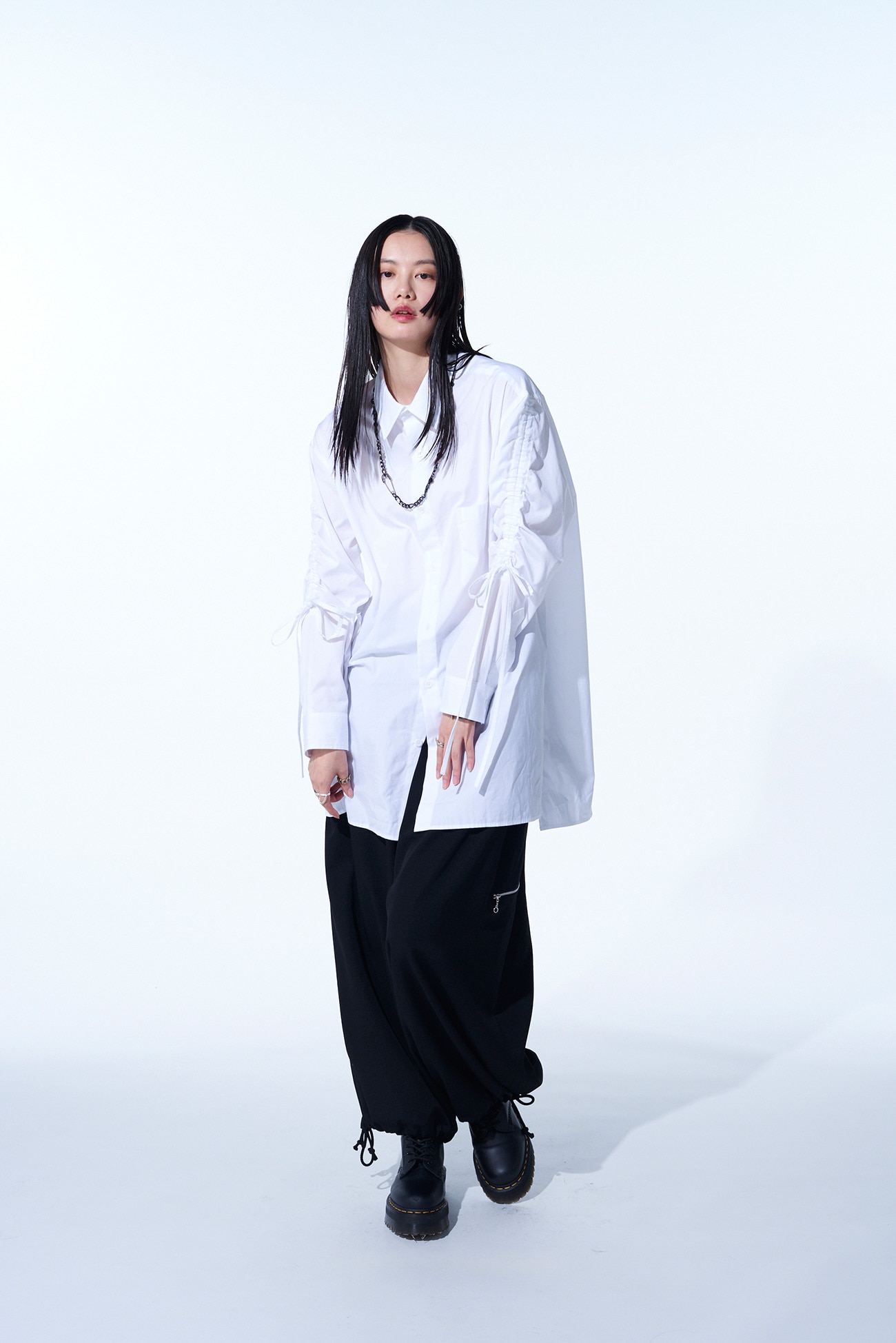 COTTON BROAD CLOTH OVERSIZED SHIRT WITH GATHERED STRINGS