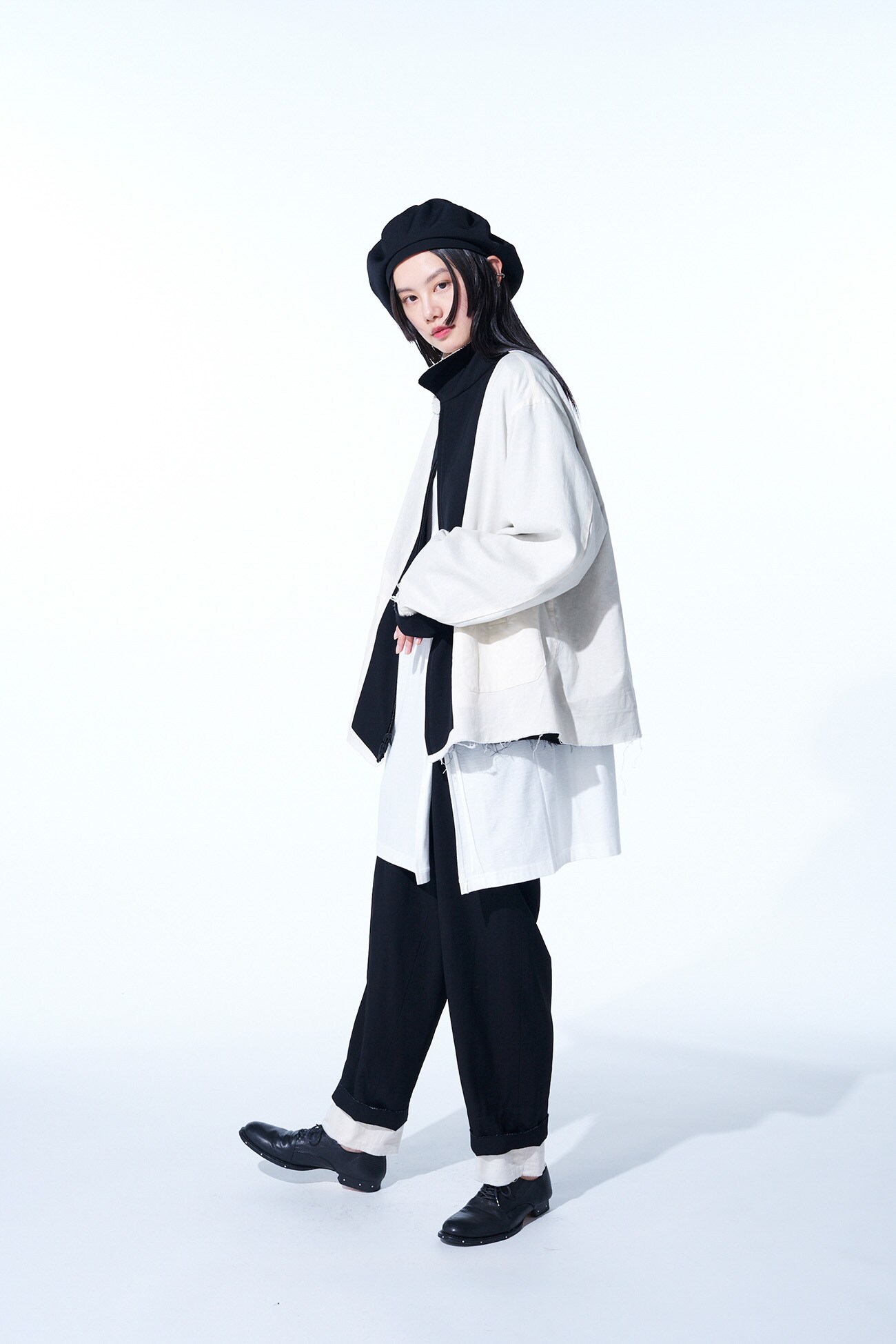 WASHER FINISHED WOOL GABARDINE OVERSIZED REVERSIBLE BLOUSON WITH CUT-OUT DESIGN
