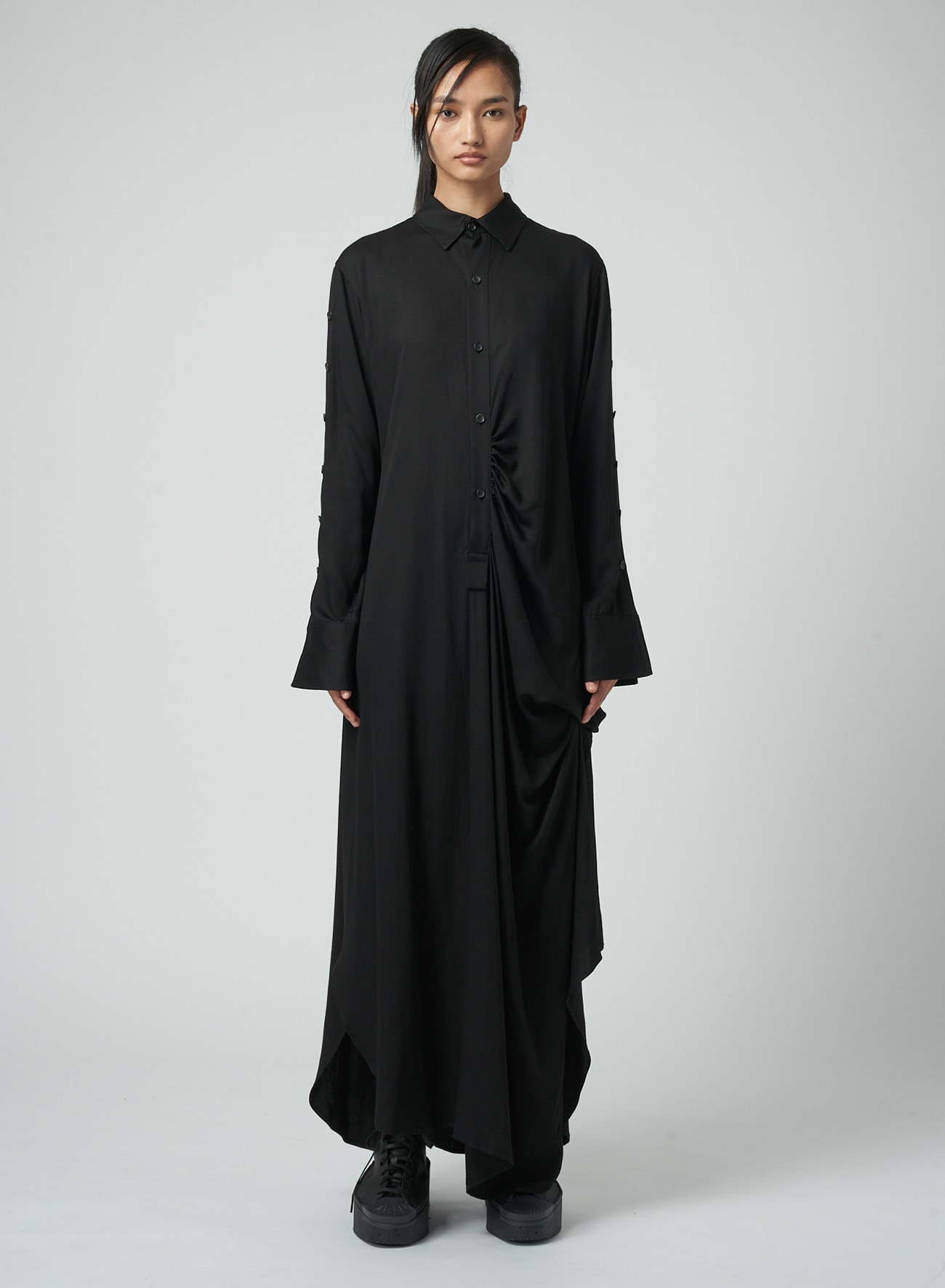 Drape long black shirt 変形 3way ロング薄手 - シャツ