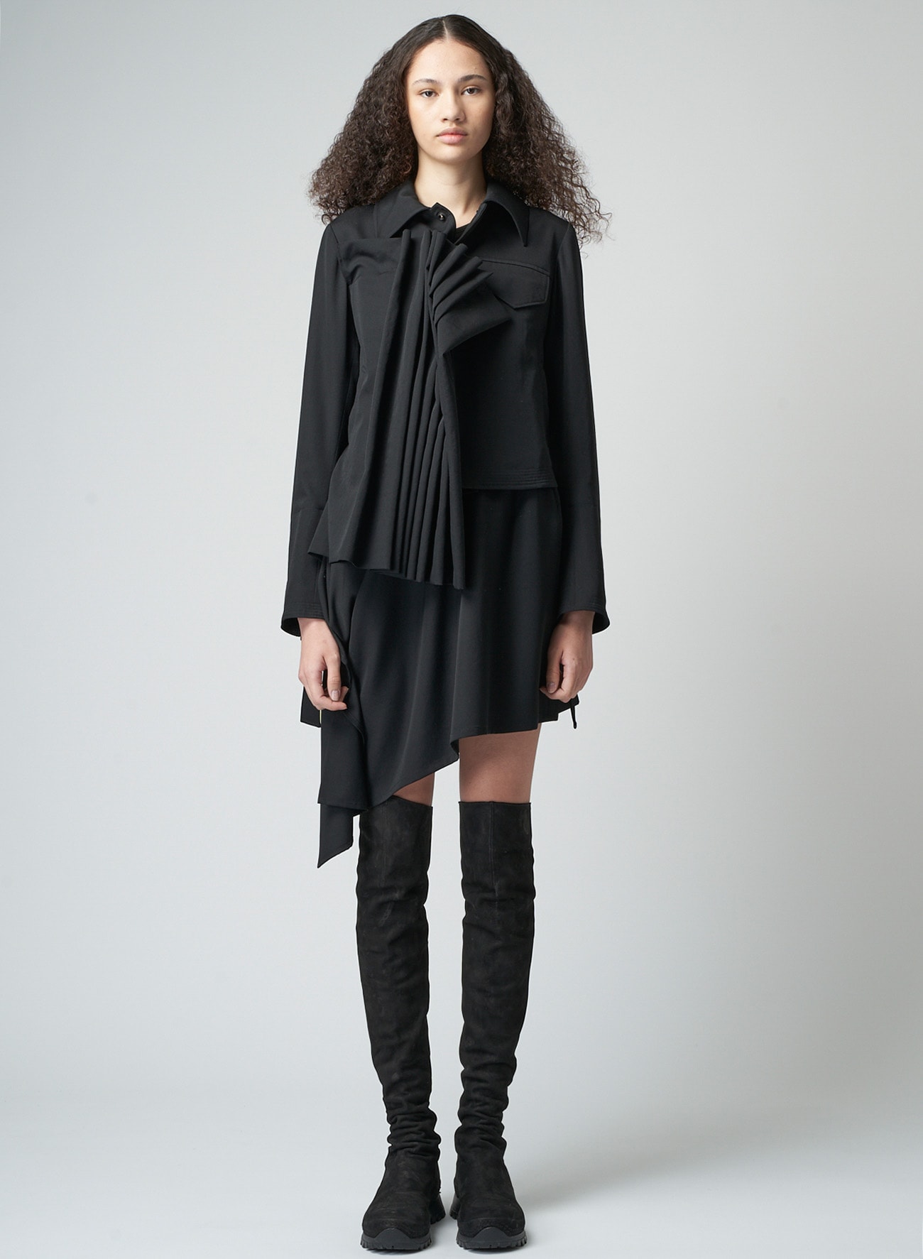 WOOL GABARDINE JACKET WITH RIGHT PLEATED DETAIL(XS Black): Yohji