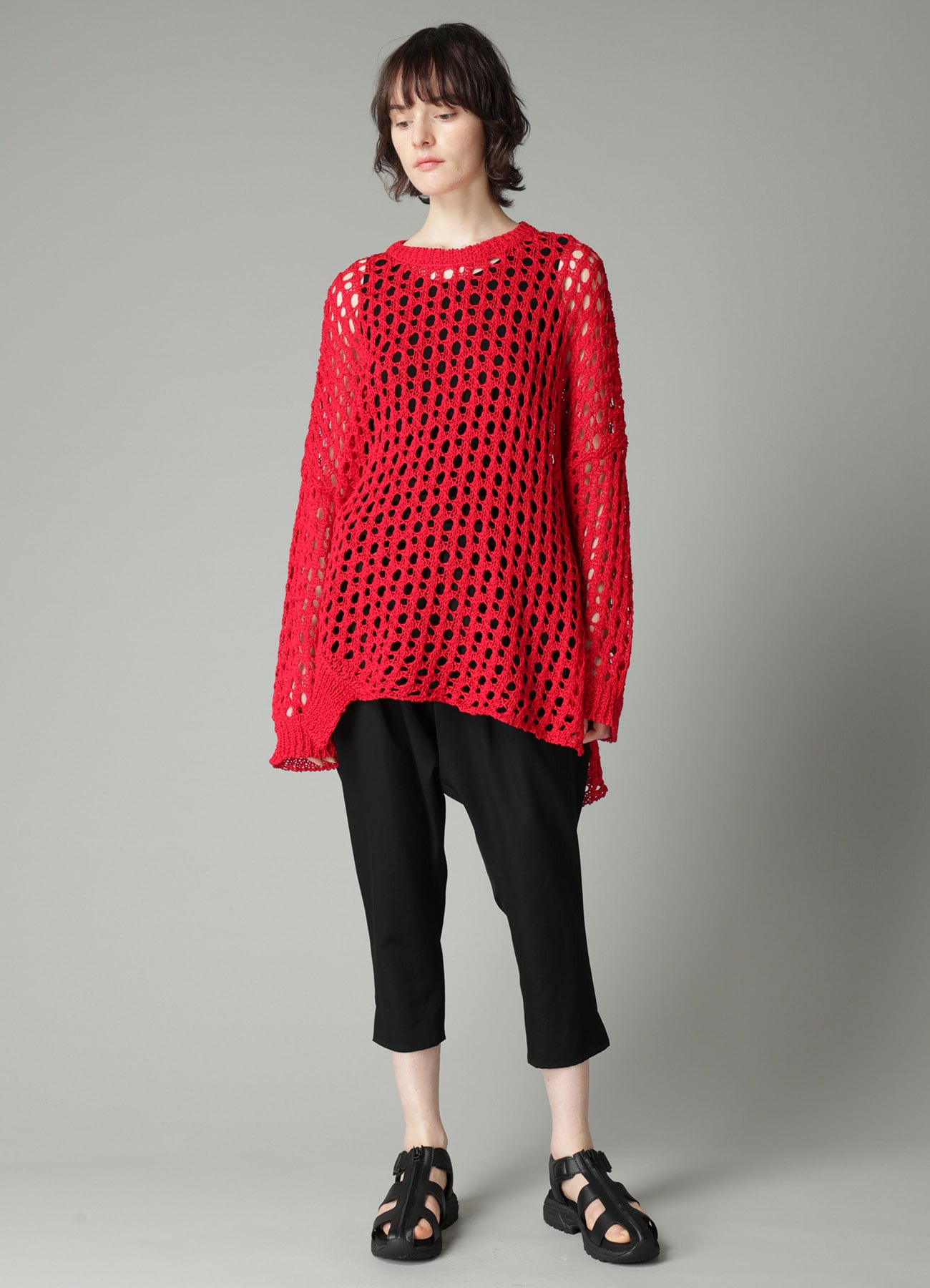 OPENWORK KNIT ROUND NECK PULLOVER