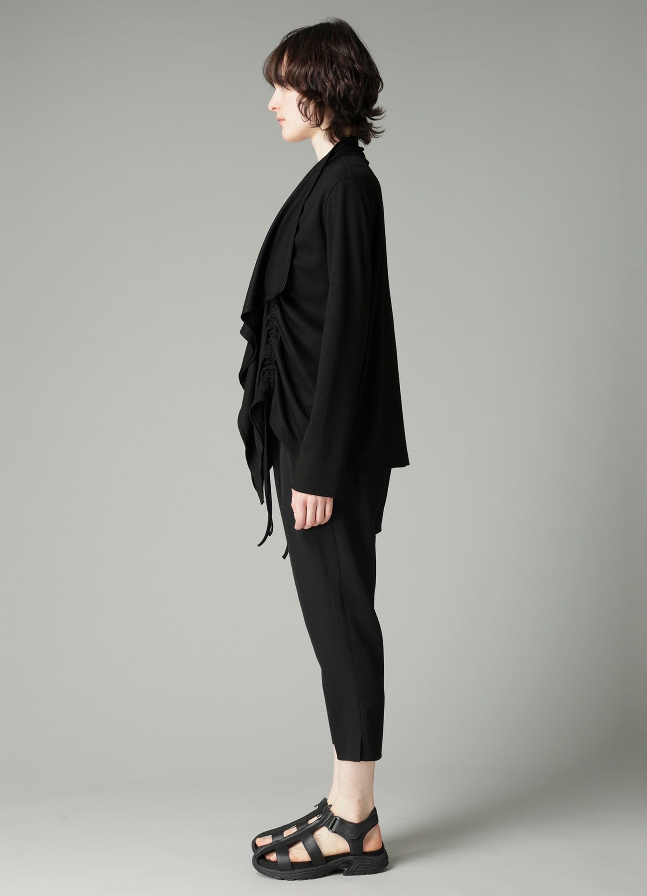 WOOL INTERLOCK DRAPED GATHER CARDIGAN