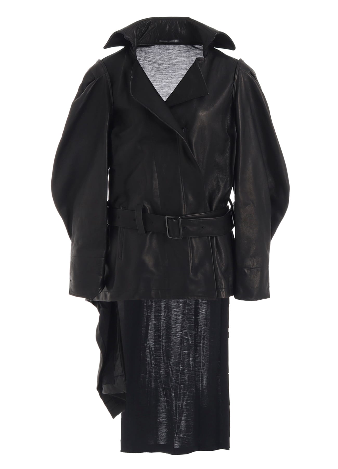 HORSE LEATHER TUCKED SLV BELTED JACKET