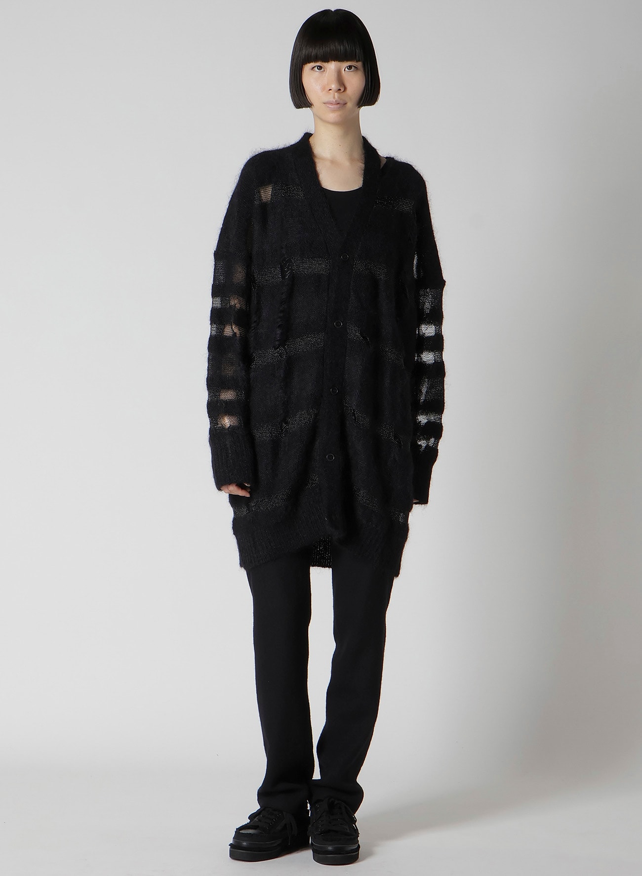 5G STRIPE PATTERN DAMAGED STRIPE CARDIGAN