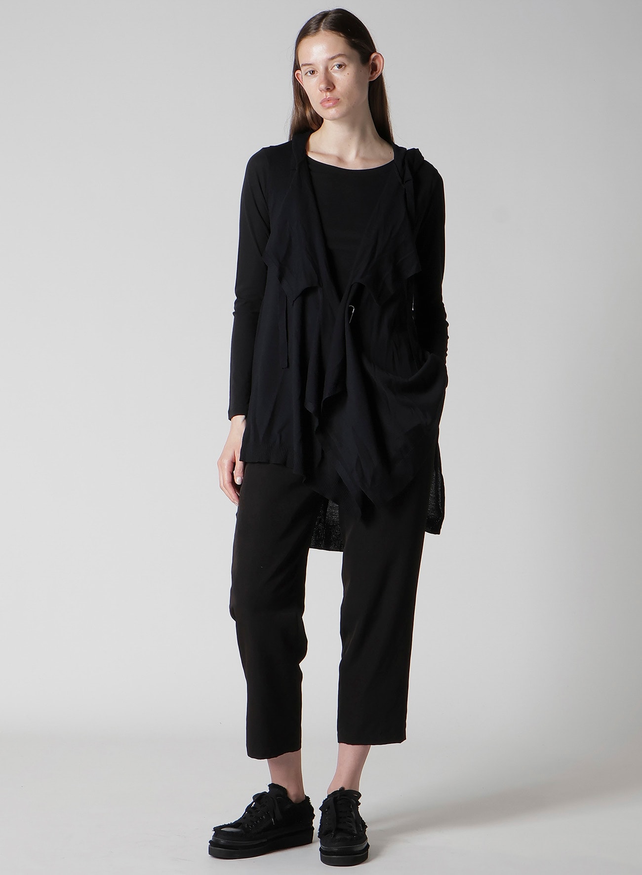 PLAIN STITCH+RIB DRAPED HOODIE VEST
