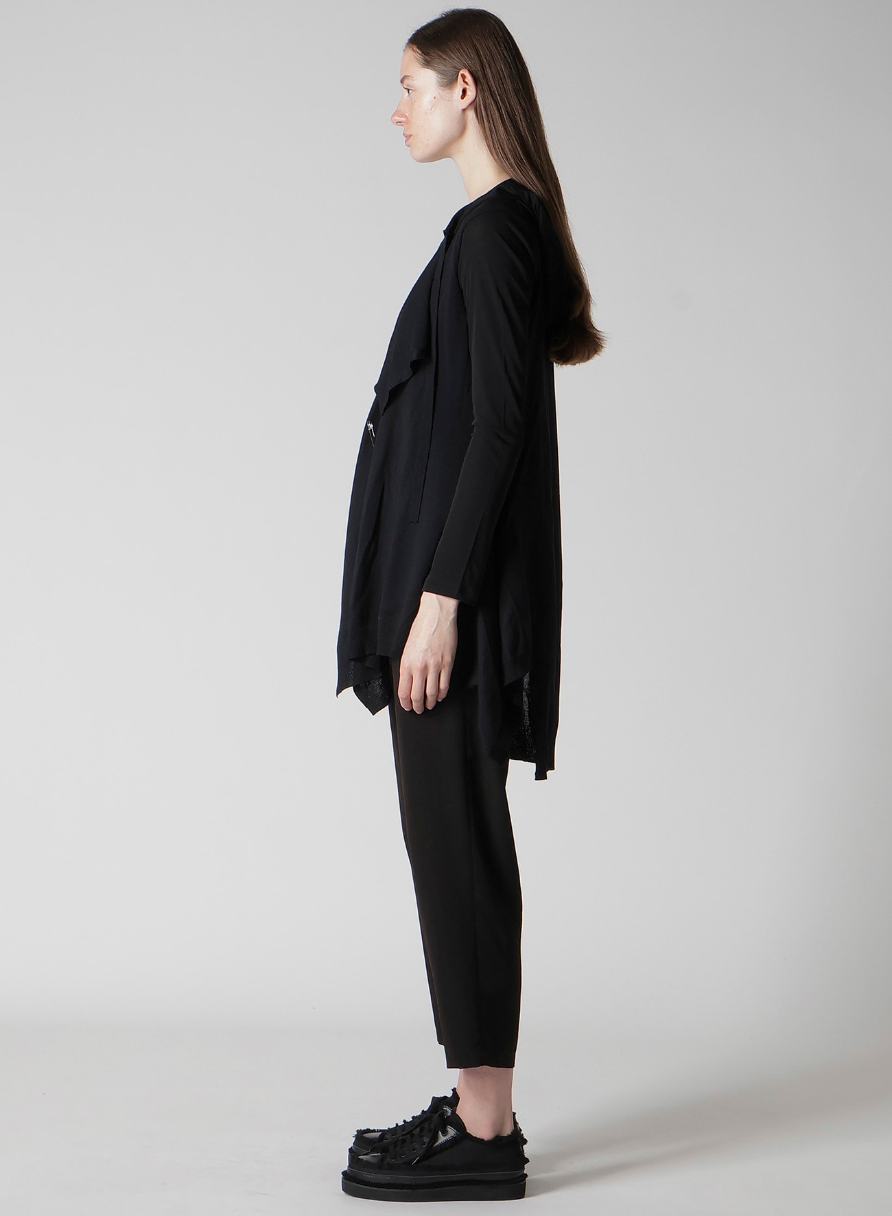 PLAIN STITCH+RIB DRAPED HOODIE VEST