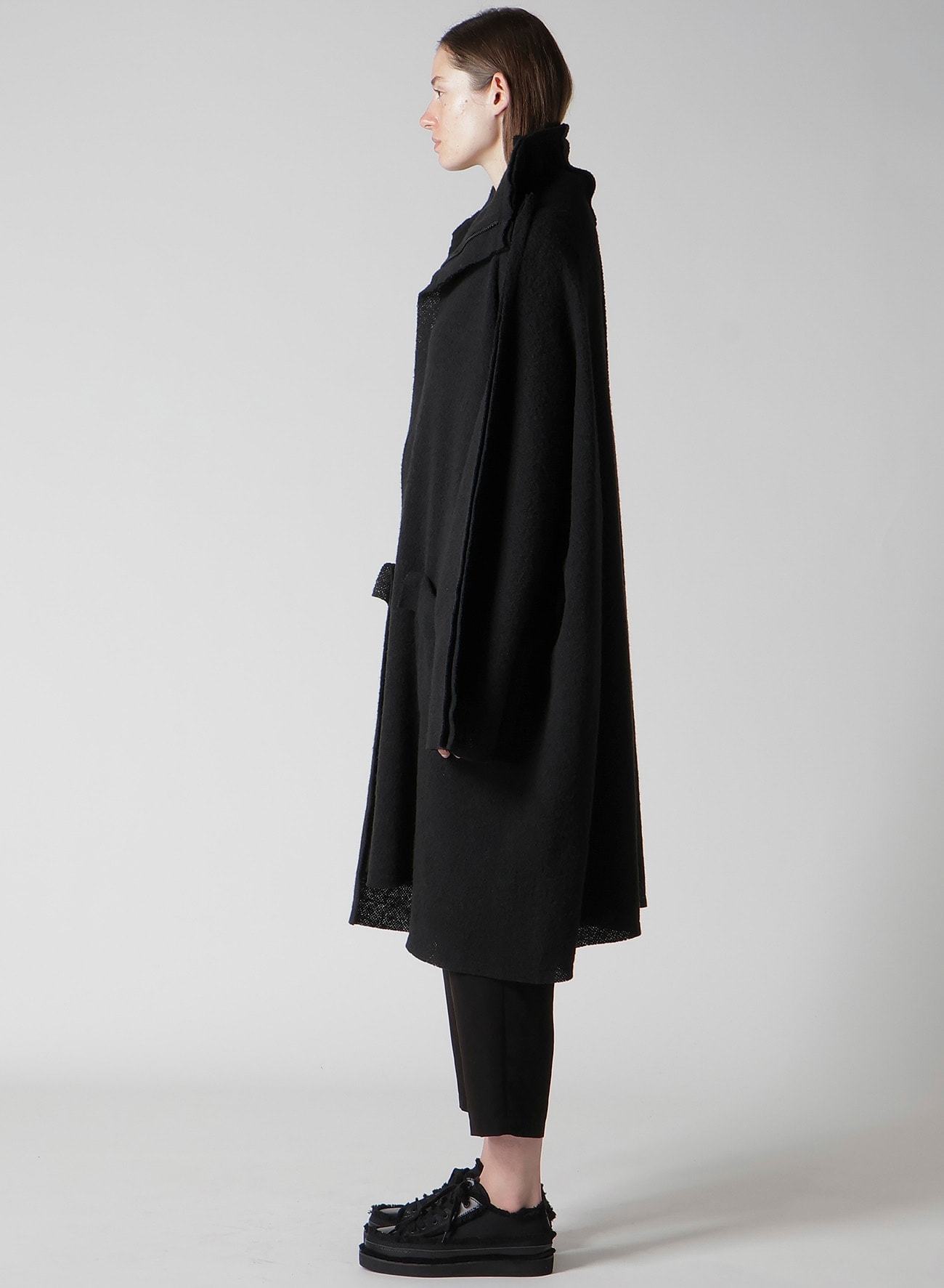 現行✨美品 sybilla ベルテッドコート ロング ステッチ Aライン 黒 BRUSHED BOUCLE SEAM DETAIL COAT(S Black): Yohji Yamamoto