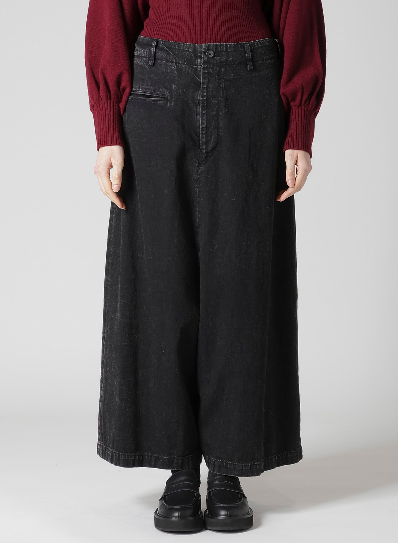 PERMANGANATE BLEACHED DENIM BACKSIDE FLARED WIDE PANTS