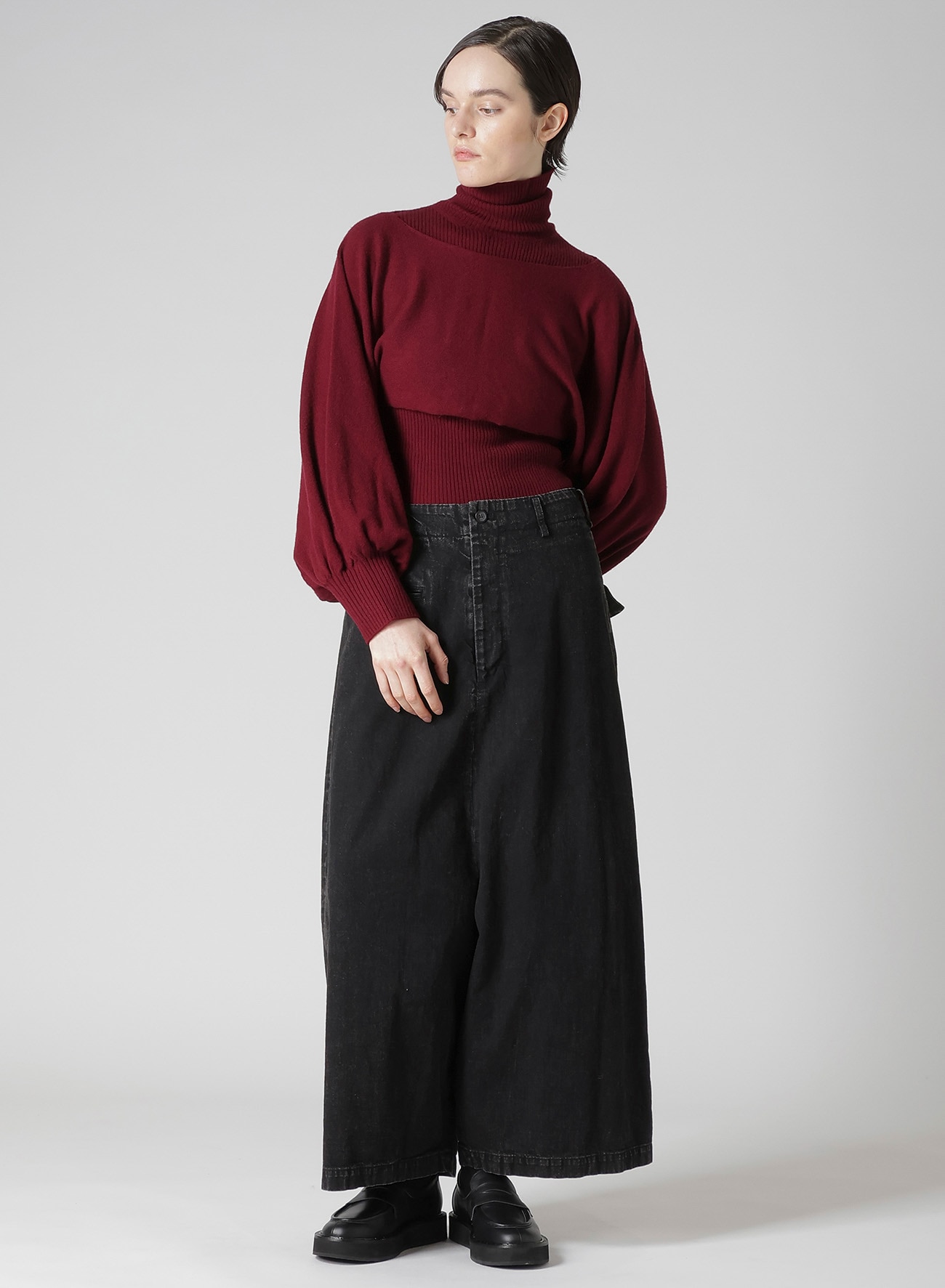 PERMANGANATE BLEACHED DENIM BACKSIDE FLARED WIDE PANTS