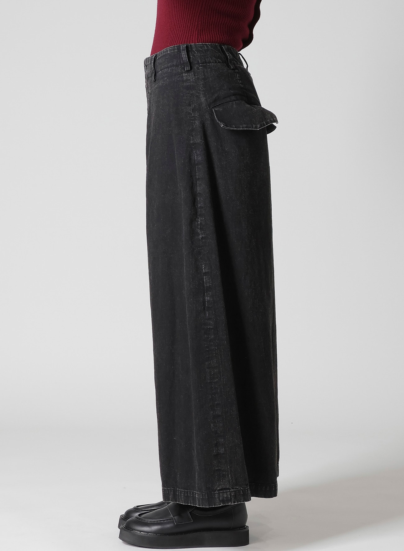 PERMANGANATE BLEACHED DENIM BACKSIDE FLARED WIDE PANTS