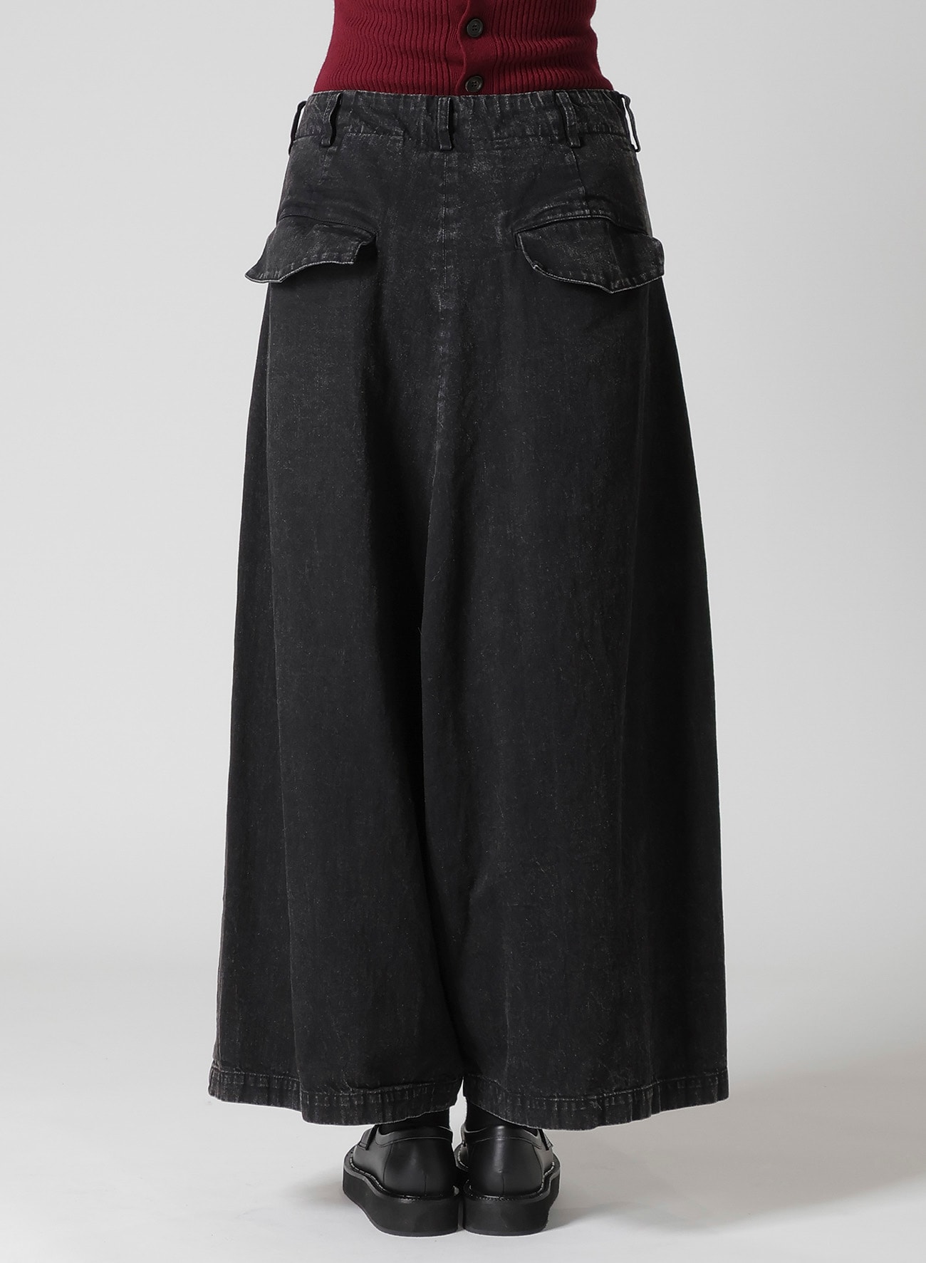 PERMANGANATE BLEACHED DENIM BACKSIDE FLARED WIDE PANTS