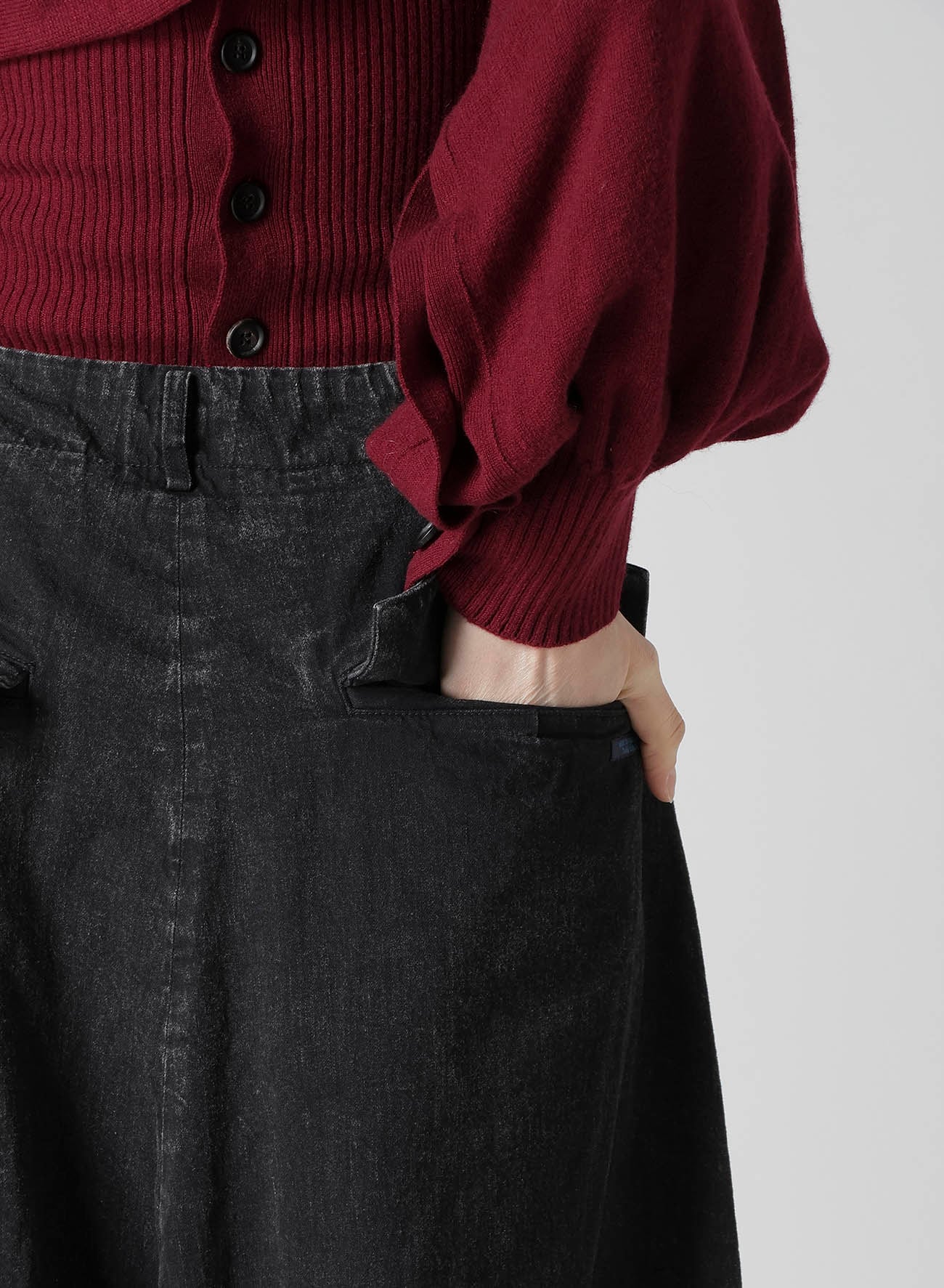 PERMANGANATE BLEACHED DENIM BACKSIDE FLARED WIDE PANTS