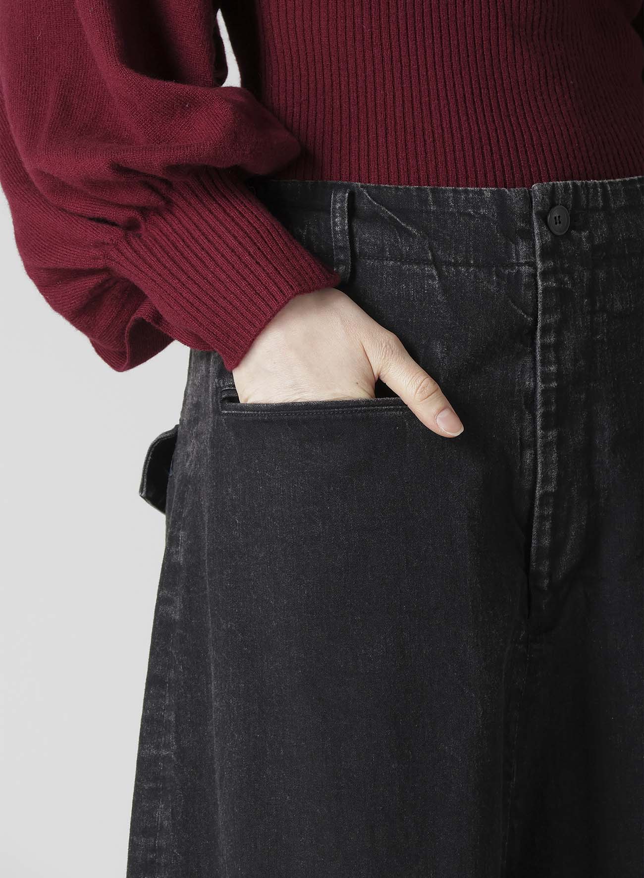 PERMANGANATE BLEACHED DENIM BACKSIDE FLARED WIDE PANTS