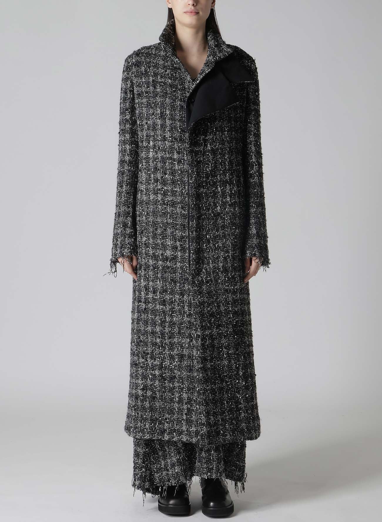 GREY HOUNDSTOOTH R DOUBLE LAYERED LONG COAT