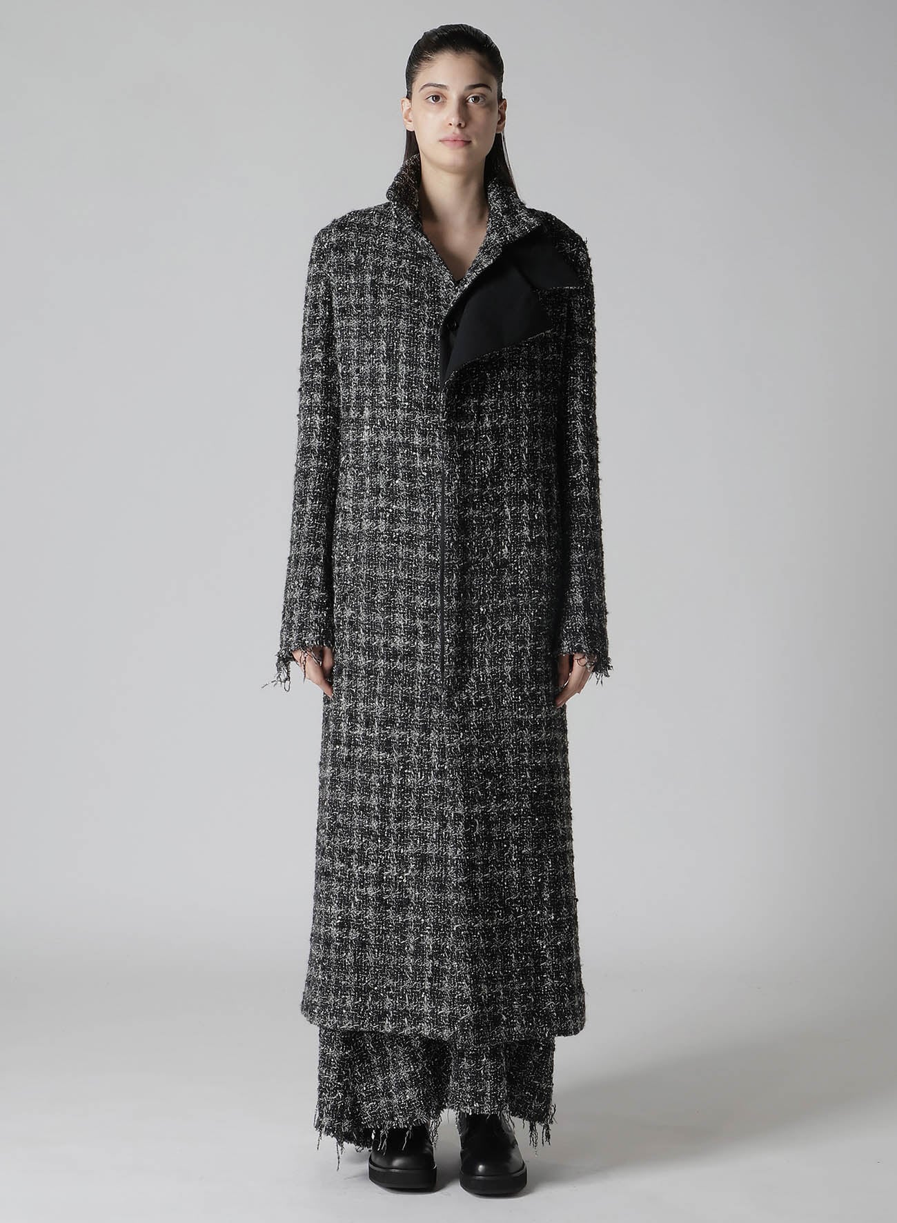 GREY HOUNDSTOOTH R DOUBLE LAYERED LONG COAT