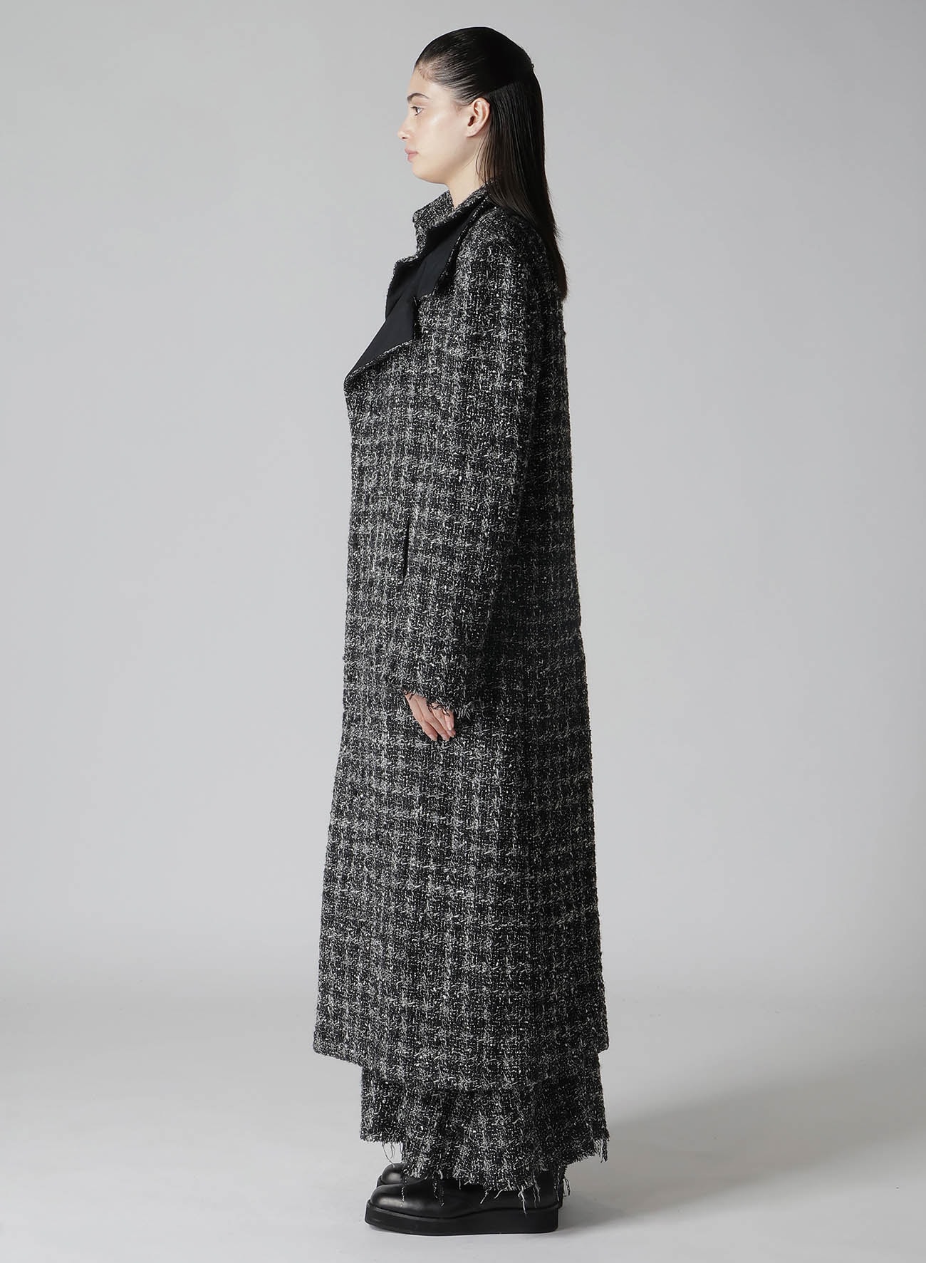 GREY HOUNDSTOOTH R DOUBLE LAYERED LONG COAT