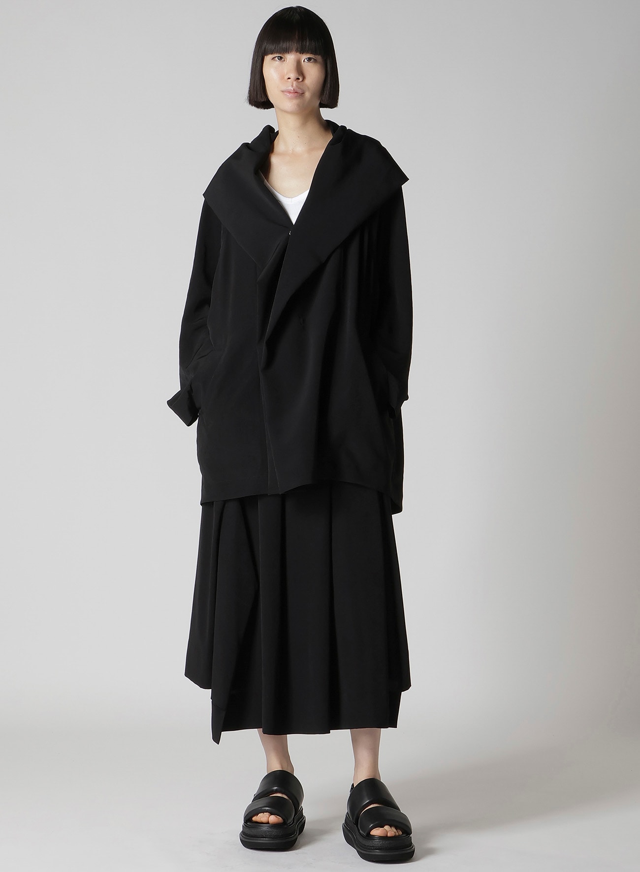 TA/PE CREPE DE CHINE HOODED CAPE COAT