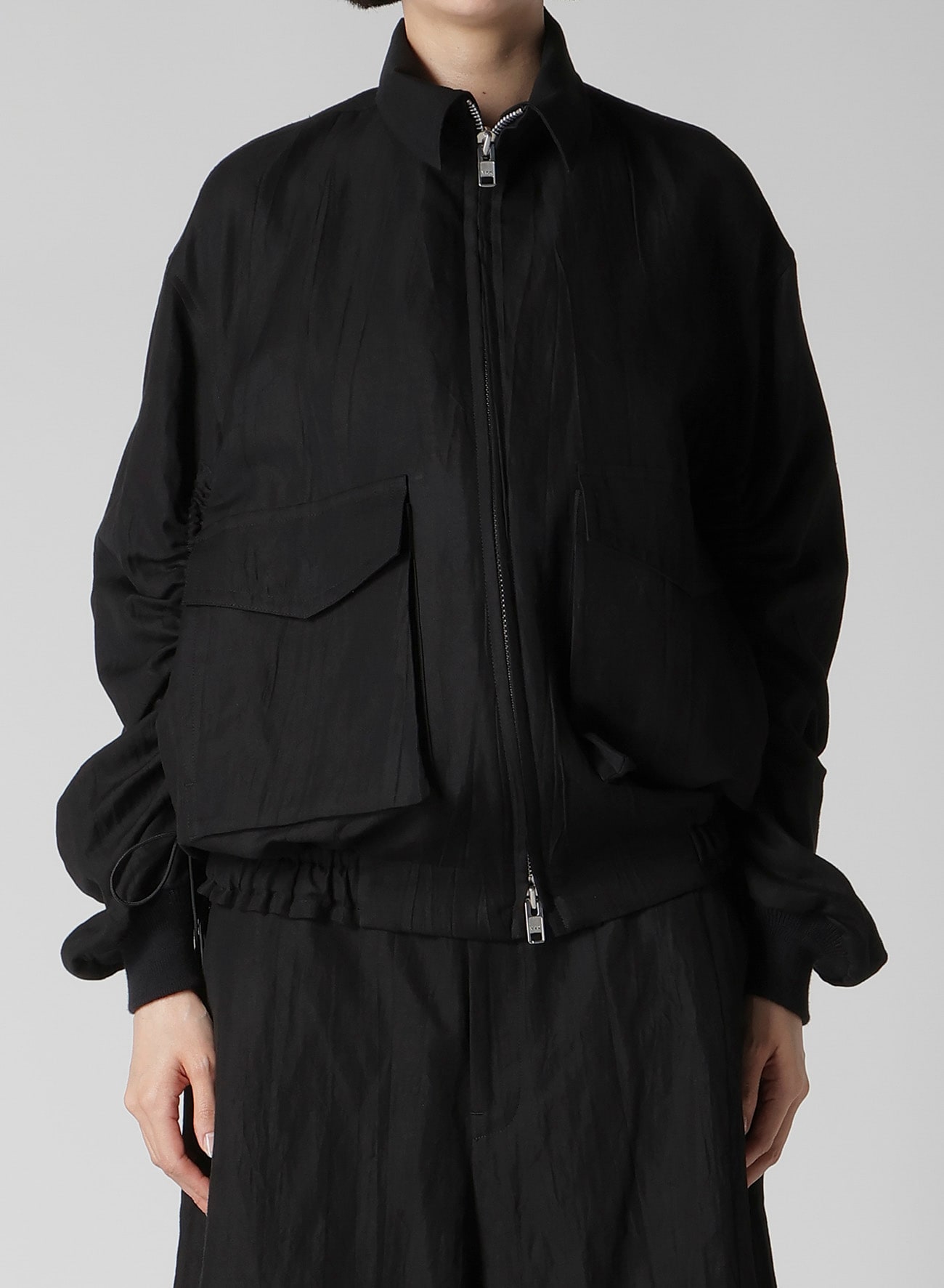 MIXED WEAVE TWILL SHIRRING SLEEVE JACKET