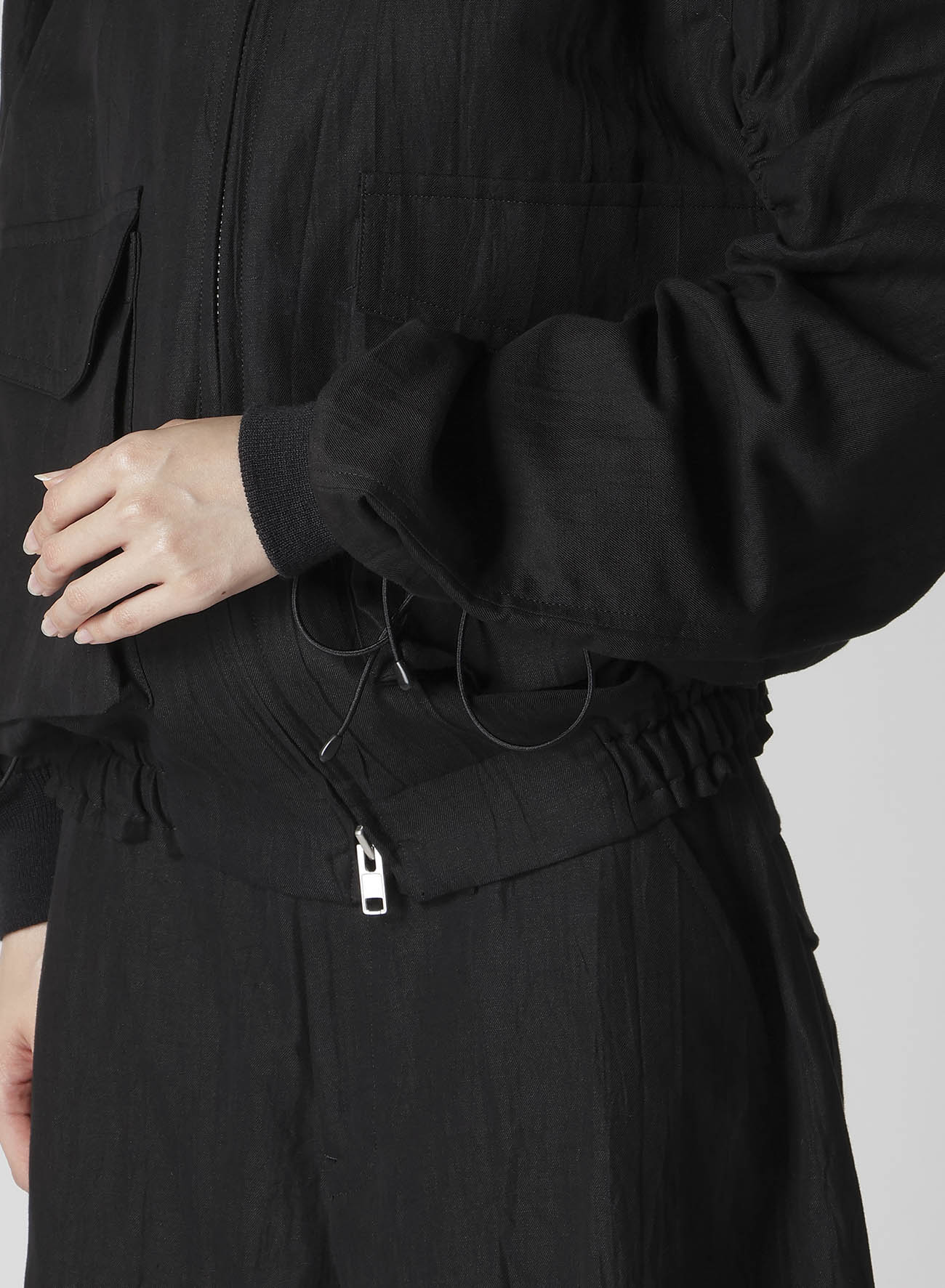 MIXED WEAVE TWILL SHIRRING SLEEVE JACKET