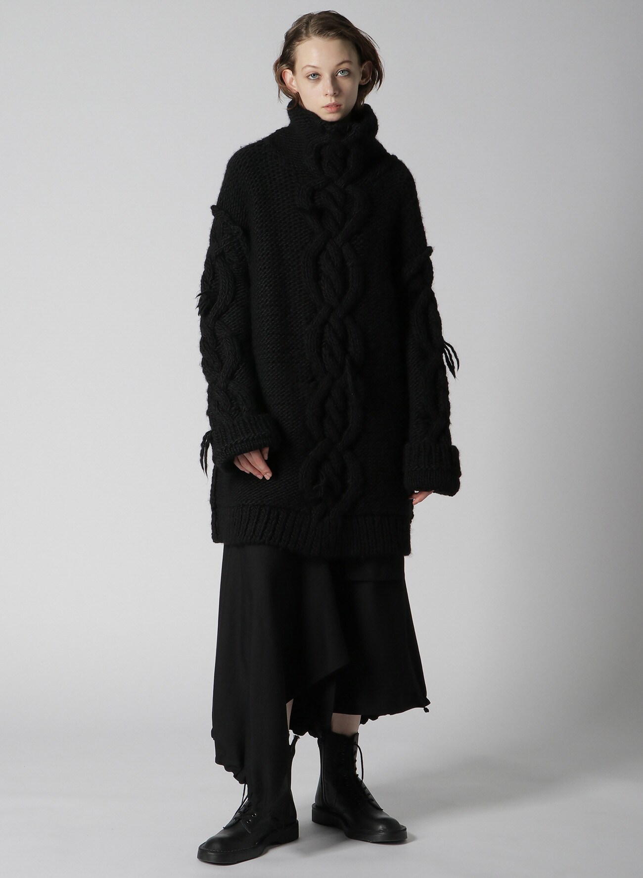 WOOL/RAYON GABARDINE HEM DRAWSTRING SKIRT(XS Black): Yohji