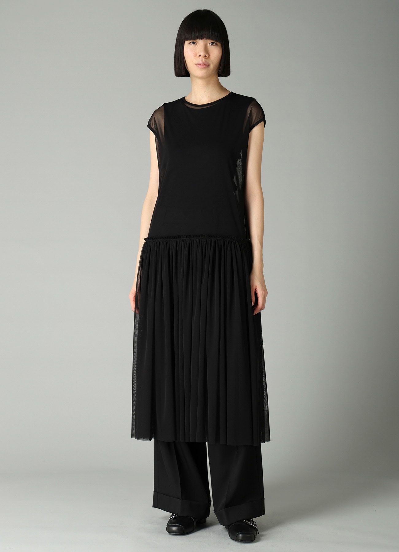 WOOLY TULLE GATHERED SLEEVELESS DRESS