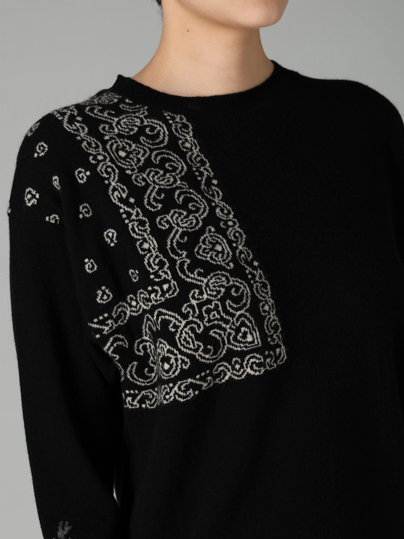 LANA BILZERIAN INTARSIA+JQ ROUND NECK PULLOVER
