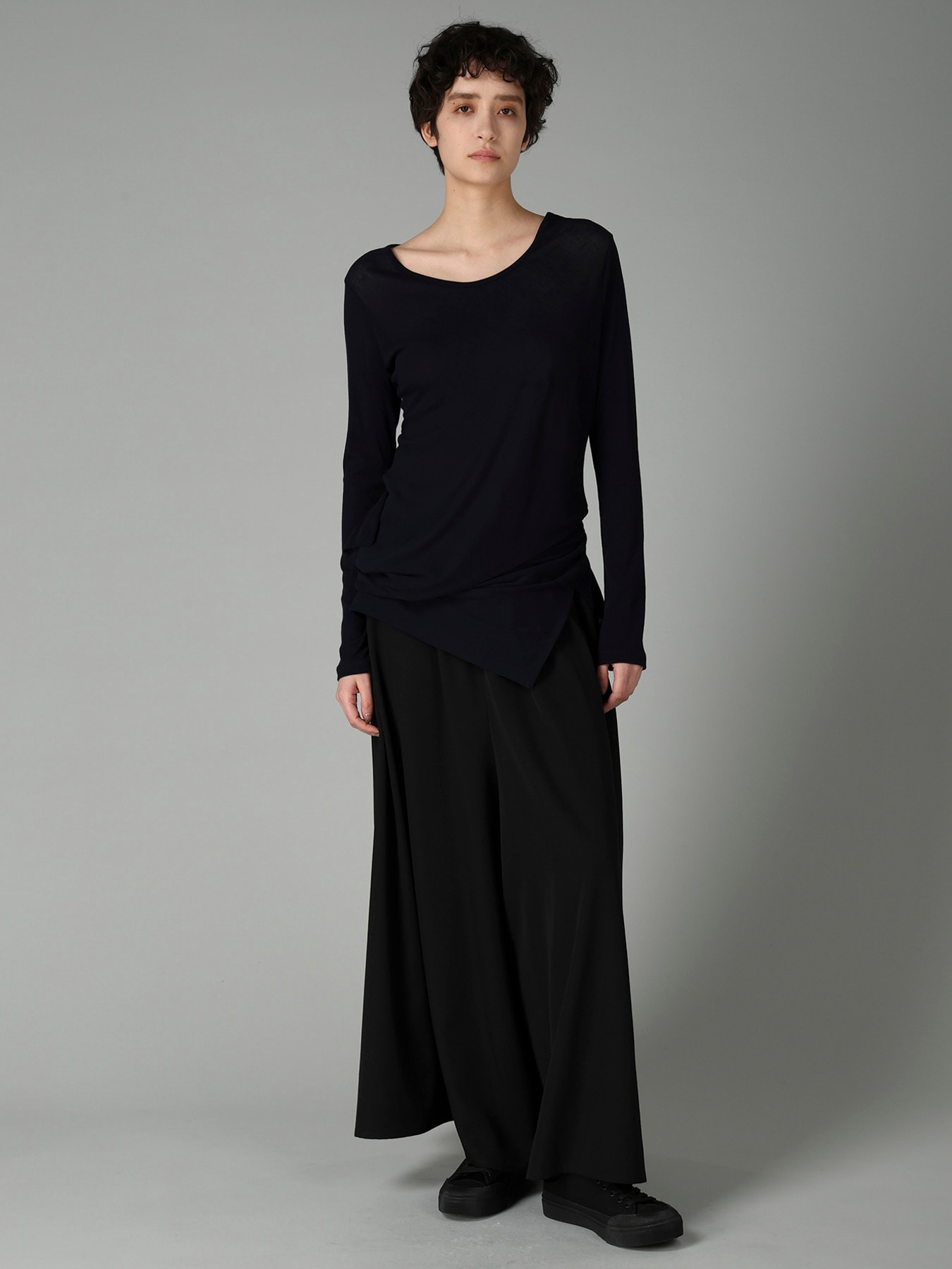 HIGH TWISTED RIB WAIST GATHERED LONG SLV T