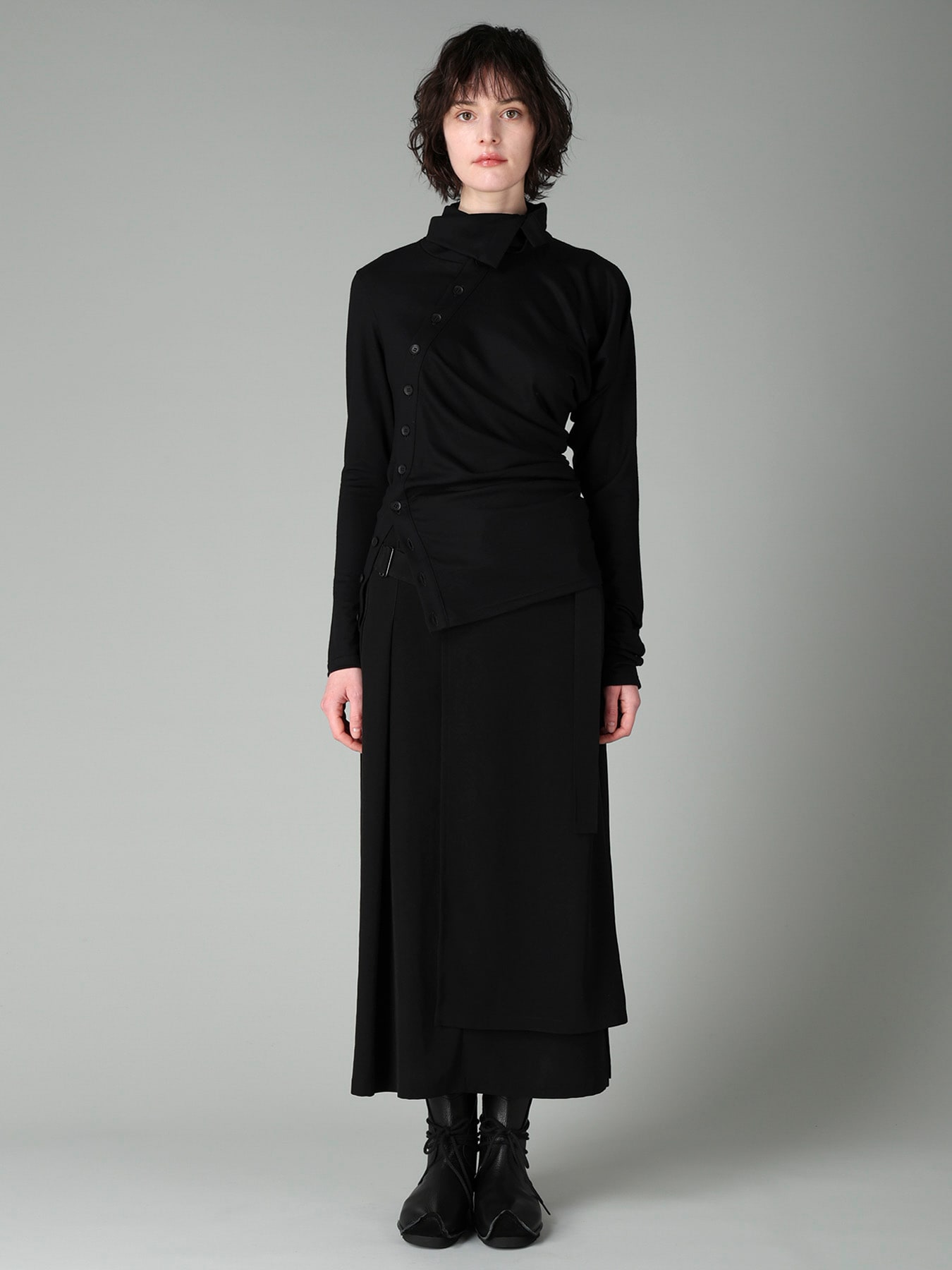 100S WOOL SINGLE DIGONAL BUTTON GATHERED T