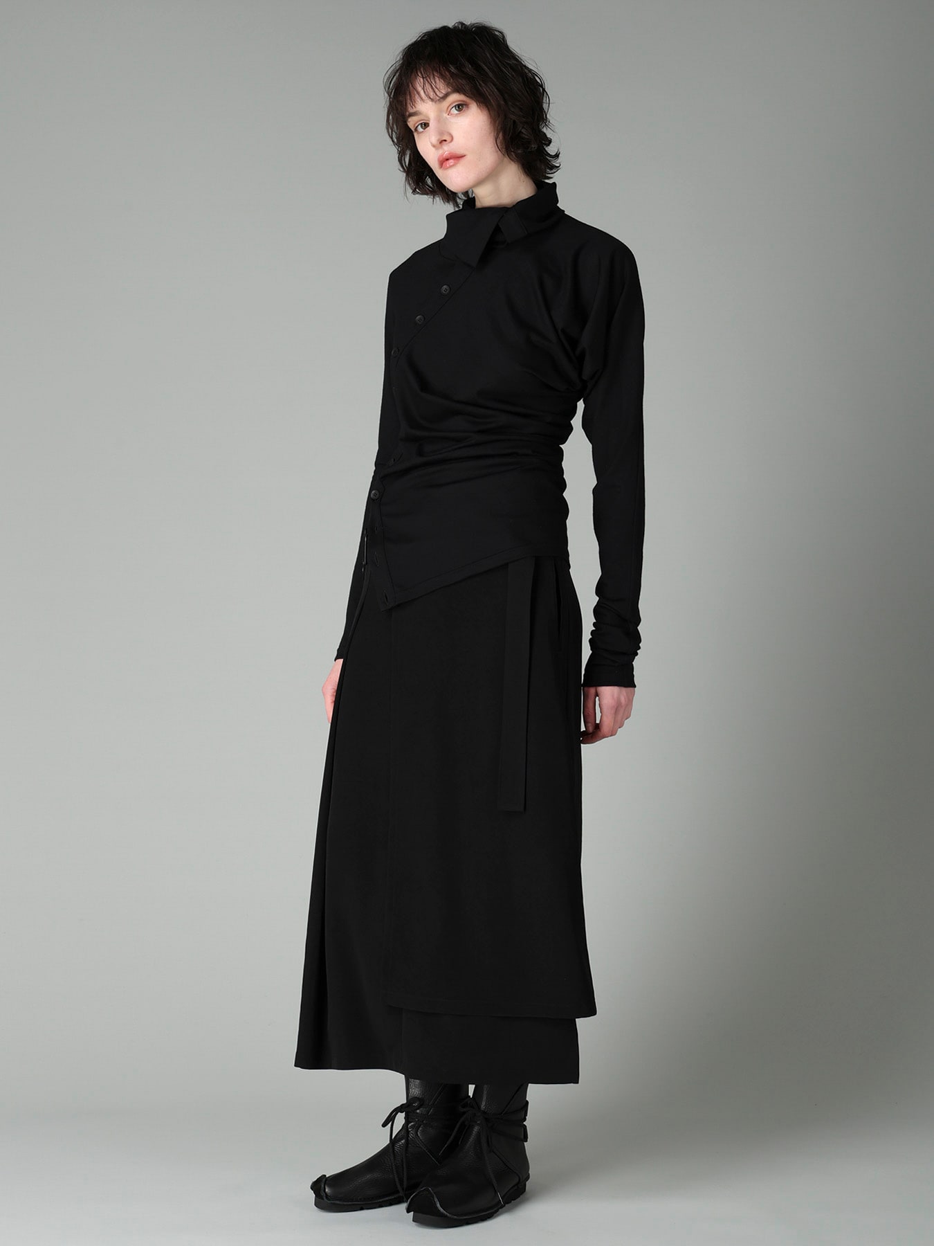 100S WOOL SINGLE DIGONAL BUTTON GATHERED T