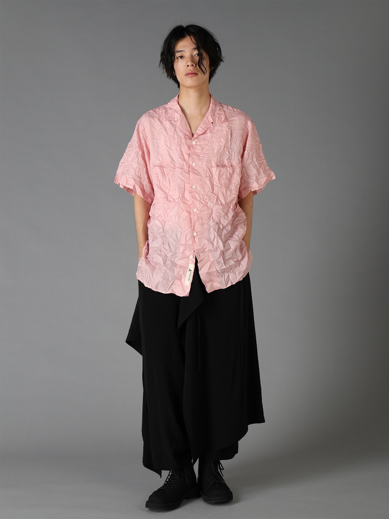 POLYESTER TAFFETA SIDE-GATHER OPEN-COLLAR SHIRT
