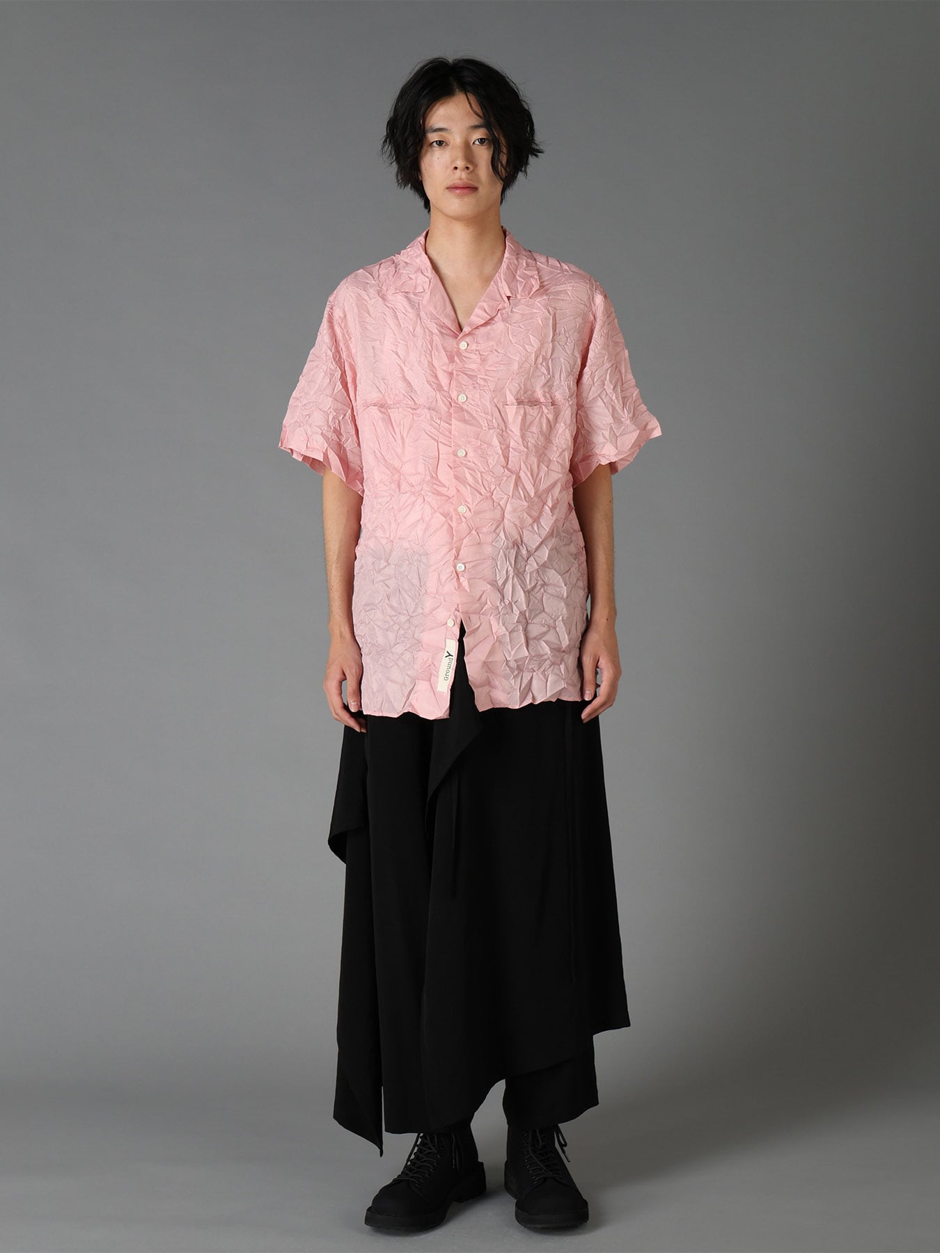 POLYESTER TAFFETA SIDE-GATHER OPEN-COLLAR SHIRT