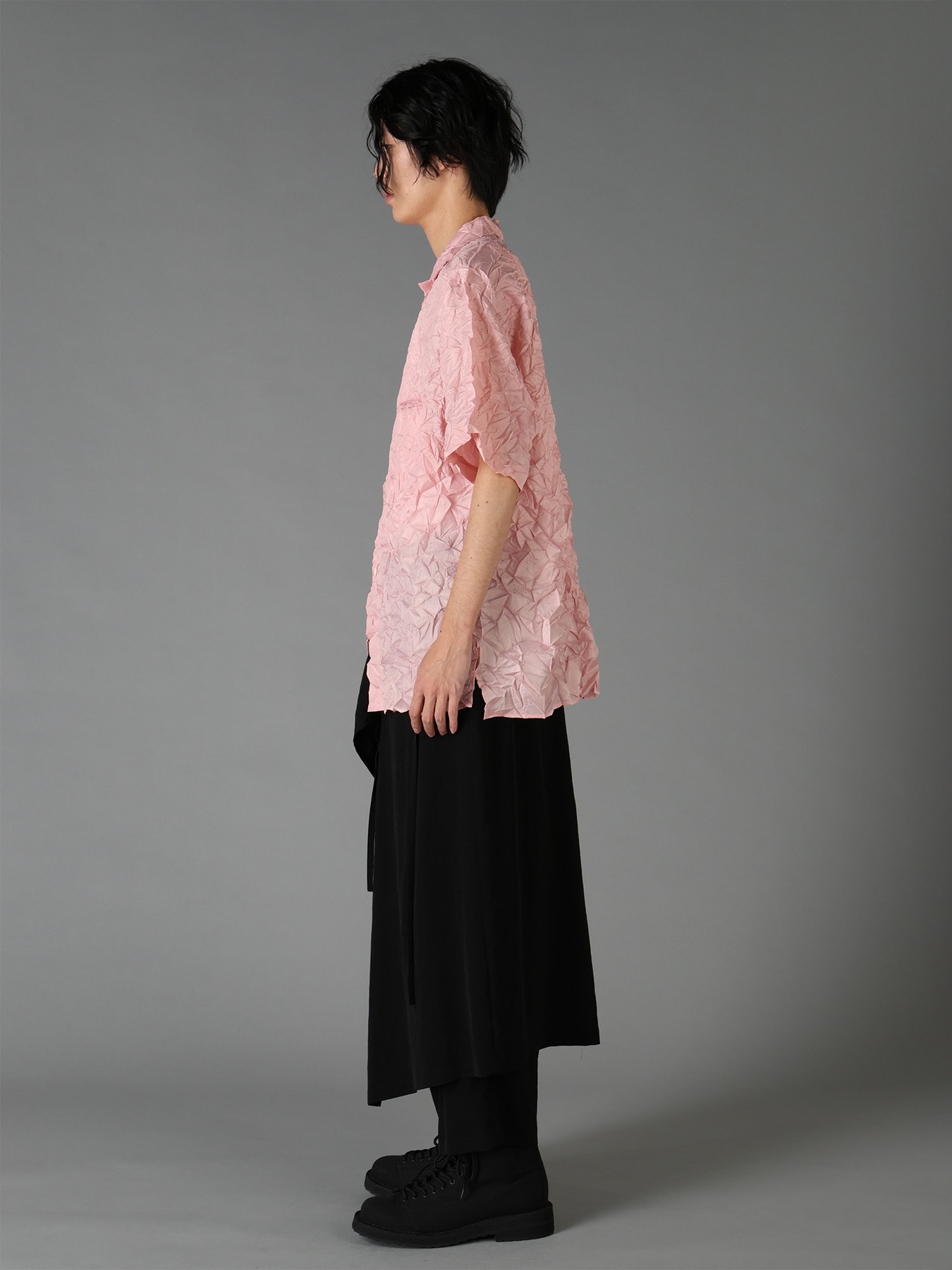 POLYESTER TAFFETA SIDE-GATHER OPEN-COLLAR SHIRT