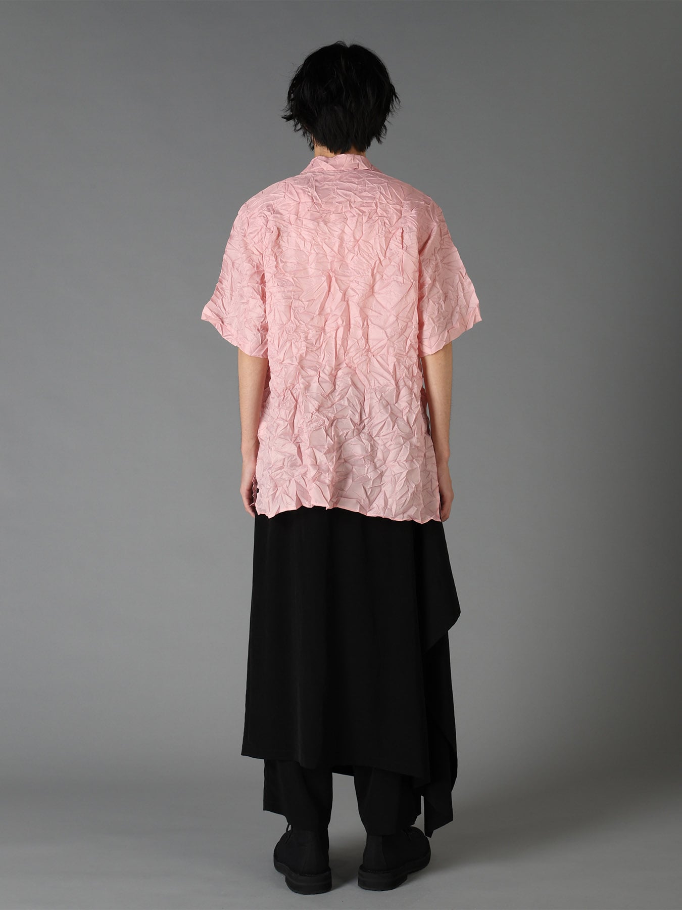 POLYESTER TAFFETA SIDE-GATHER OPEN-COLLAR SHIRT