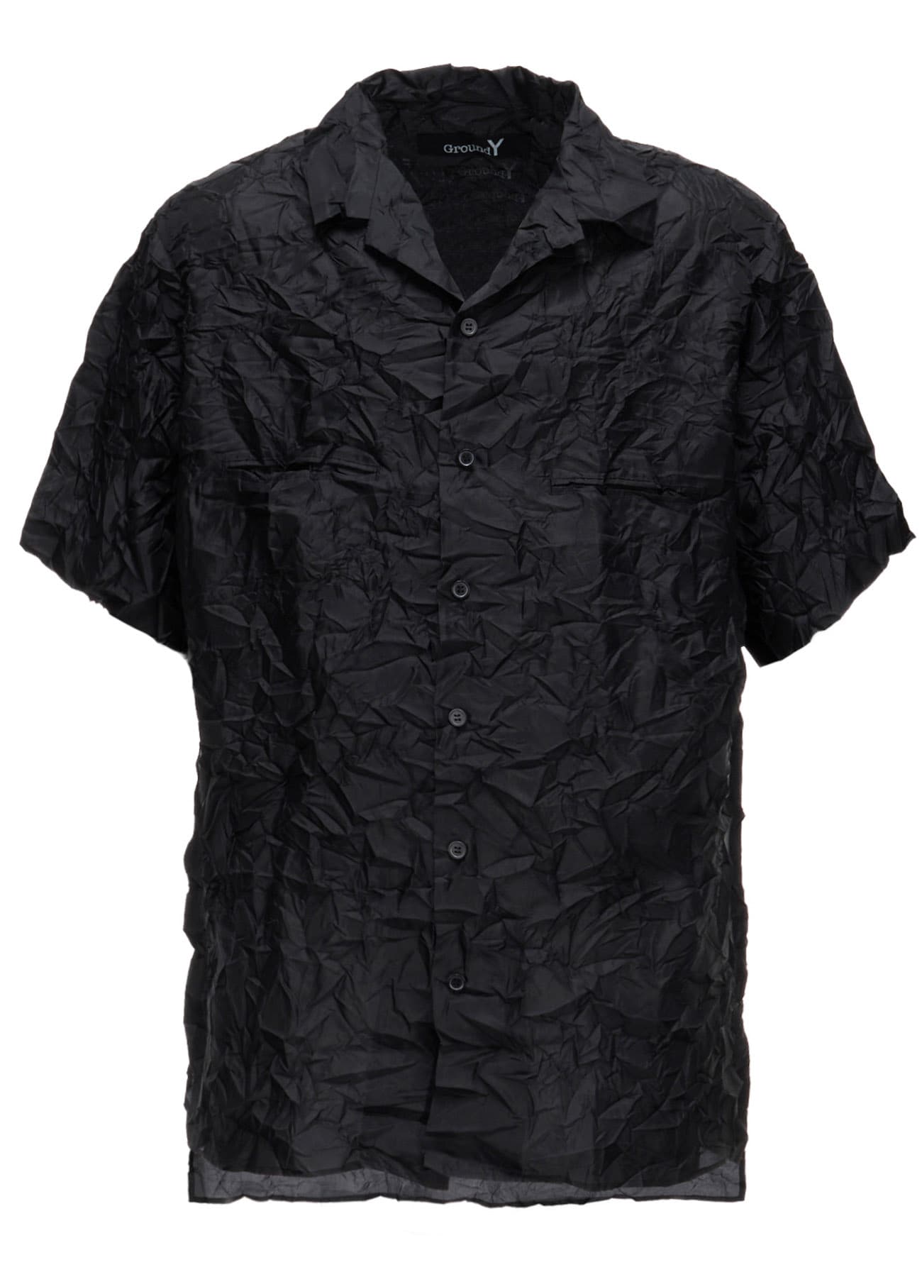 POLYESTER TAFFETA SIDE-GATHER OPEN-COLLAR SHIRT