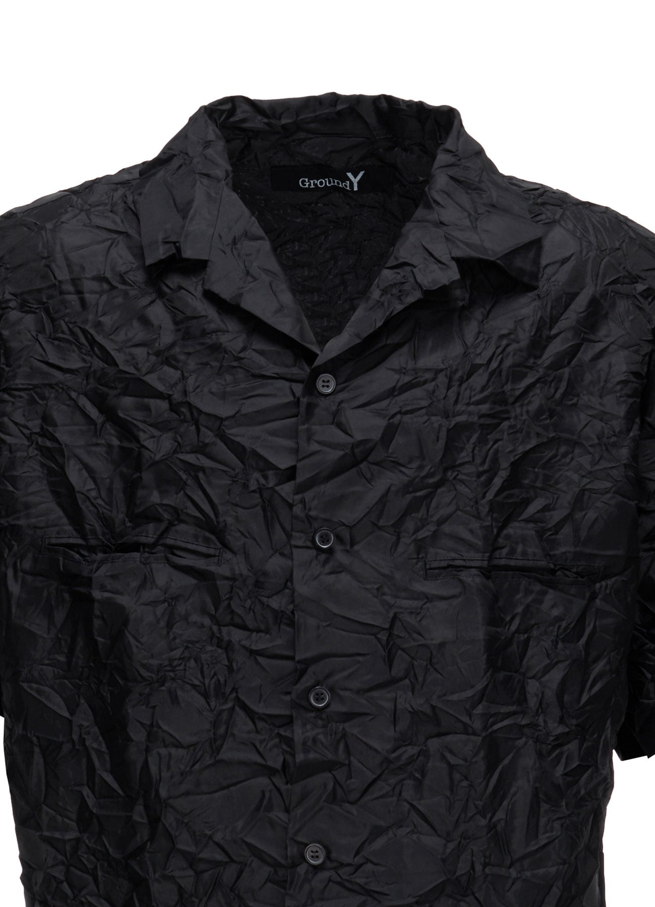 POLYESTER TAFFETA SIDE-GATHER OPEN-COLLAR SHIRT